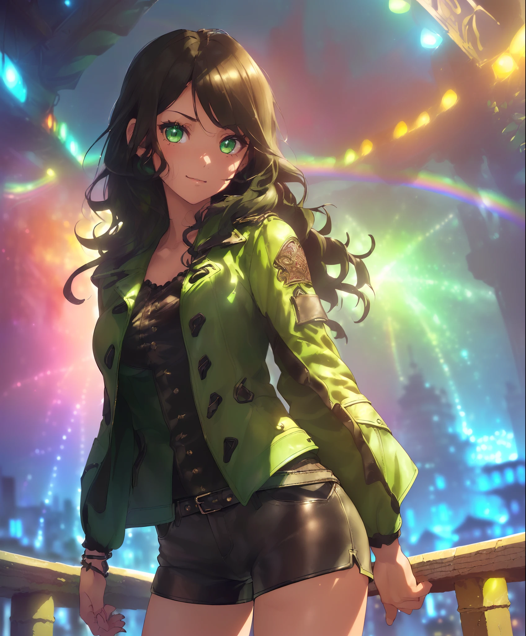 ((((((A young woman))), the anime, ( Green eyes), (black hair), Nice face, ssmile, the perfect body, Wavy Hair, hairlong, (((morena))), big breastes, ((tmasterpiece, beste-Qualit)), illustartion, ультра детализированная 8k, Photorealistic, sharp-focus, higly detailed, Professional lighting, colorful details, Rainbow colors, Glowing, intricate detials, Vivid details, leather shorts, Luminous strap, Top Mom, leather coat, city   of the future