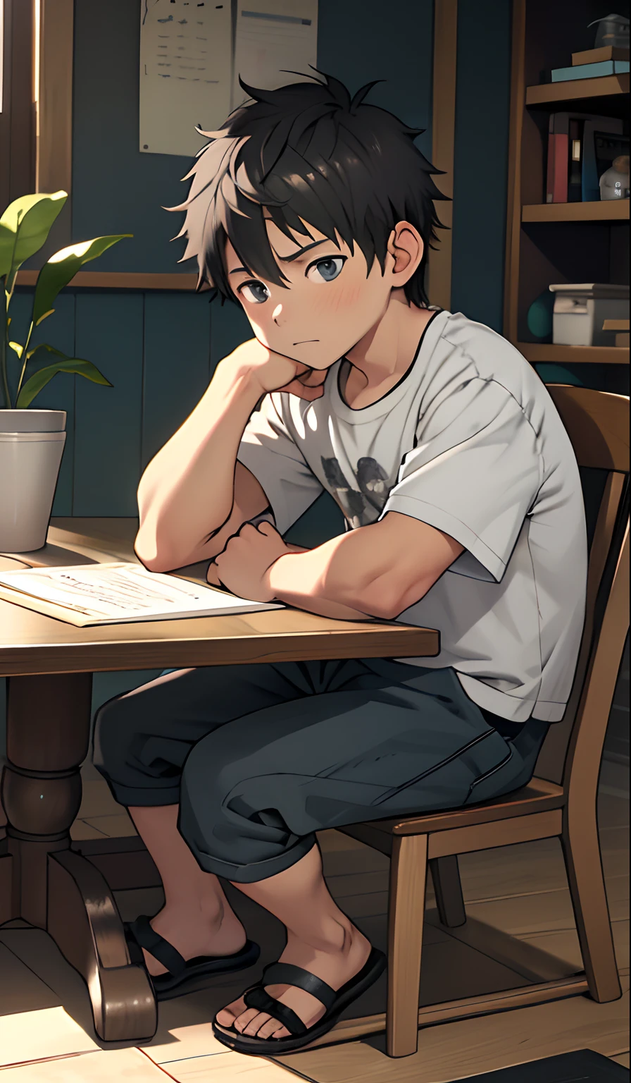 (masutepiece, Best Quality),1boy,(younge boy,child-faced,Boy's face),a baby face,infancy,sideface,Boy sitting on chair studying,infancy,young age,short round face,Flat chin,finely detaild face,Gray shorts,well-muscled，short-hair,radiant eyes,opens his eyes wide,with an intricate,full body Esbian,nakeness,vivd colour,(depth of fields:1.2),Writing in a notebook at a table,Full body portrait with serious expression