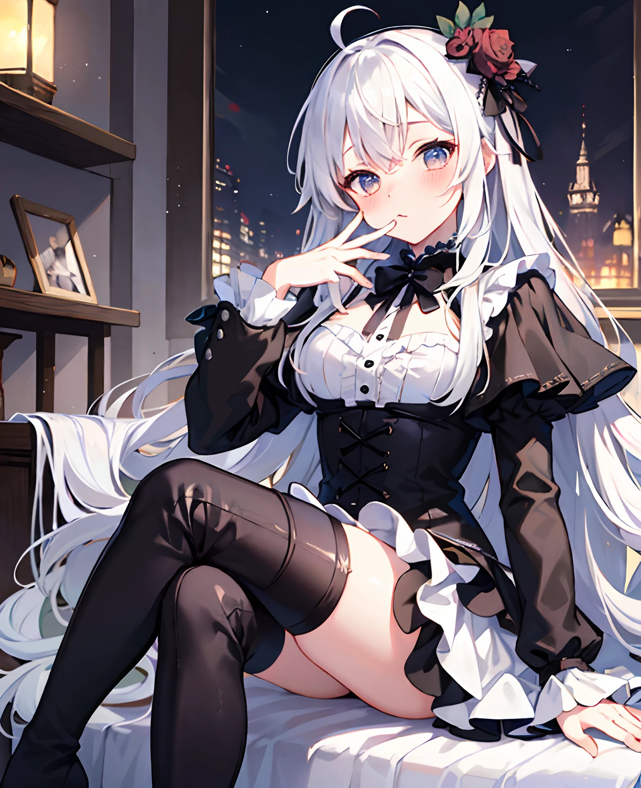 tmasterpiece， Best quality at best， ahoge， Hair over the shoulder， long  white hair，  blush of nose，  Gothic_Lolita，  hand_To_Mouth，thigh boots，Absolute realm，upper legs，thigh boots，full bodyesbian，Correct legs