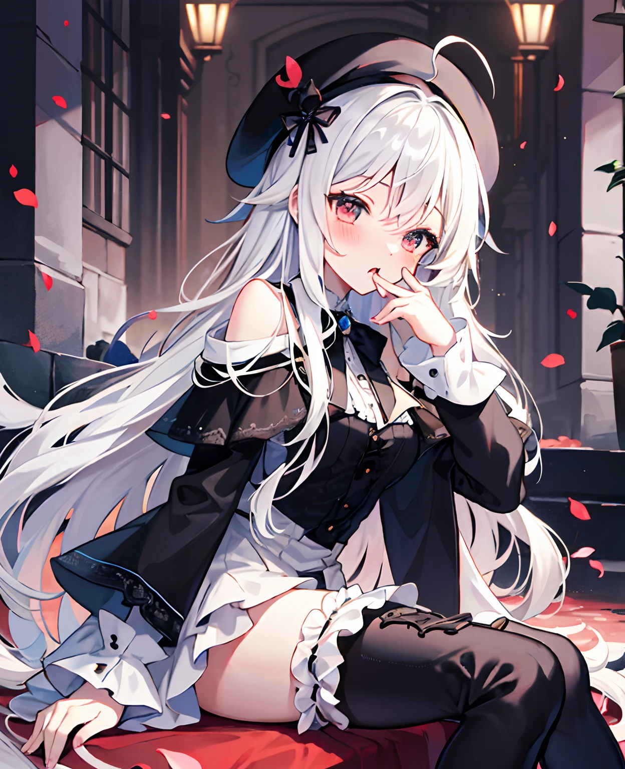 tmasterpiece, Best quality at best, ahoge, Hair over the shoulder, long white hair, blush of nose, Gothic_ta, beret, hand_To_Mouth,thigh boots,Absolute realm,upper legs,thigh boots,full bodyesbian,Correct legs