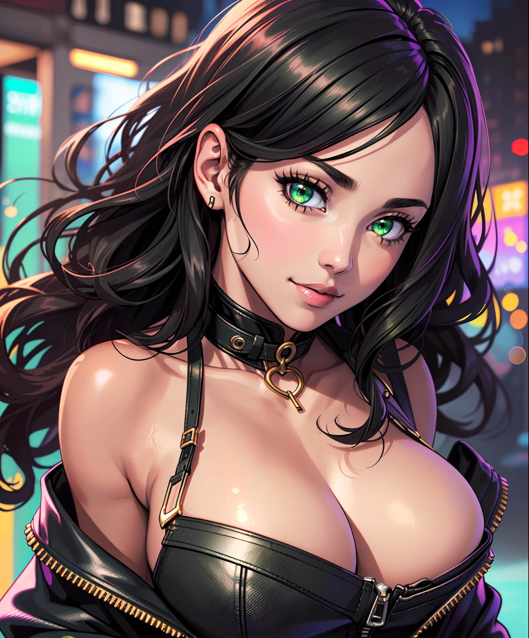 ((((A young woman))), the anime, ( Green eyes), (black hair), Nice face, ssmile, the perfect body, Wavy Hair, hairlong, (((morena))), big breastes, ((tmasterpiece, beste-Qualit)), illustartion, ультра детализированная 8k, Photorealistic, sharp-focus, higly detailed, Professional lighting, colorful details, Rainbow colors, Glowing, intricate detials, Vivid details, leather shorts, Luminous strap,  Top Mom, leather coat, city   of the future