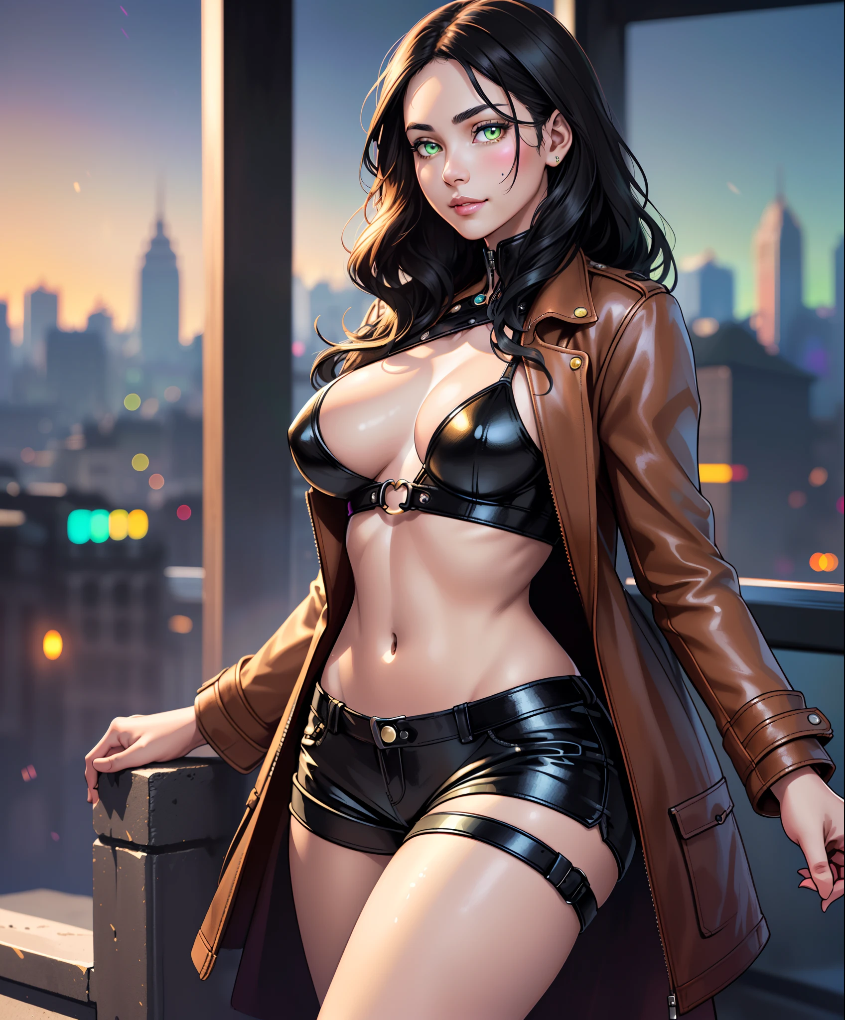 ((((A young woman))), the anime, ( Green eyes), (black hair), Nice face, ssmile, the perfect body, Wavy Hair, hairlong, (((morena))), big breastes, ((tmasterpiece, beste-Qualit)), illustartion, ультра детализированная 8k, Photorealistic, sharp-focus, higly detailed, Professional lighting, colorful details, Rainbow colors, Glowing, intricate detials, Vivid details, leather shorts, Luminous strap,  Top Mom, leather coat, city   of the future