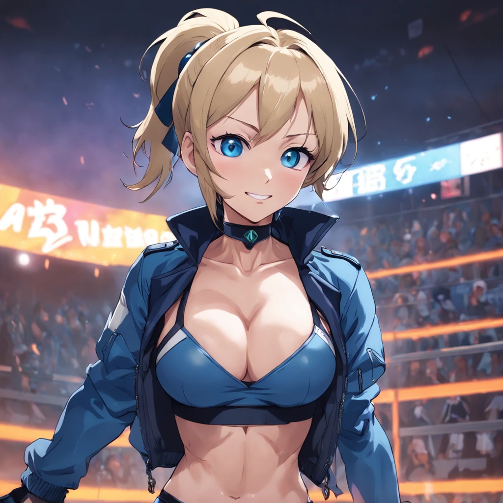 cammy white, short hair, antenna hair, blue eyes, scar on cheek, large breasts, black choker, collarbone, blue jacket, cropped jacket, open jacket, sports bra, midriff, fingerless gloves, black gloves, ((high cut thong lingery sexy)),light smile,ambient lighting