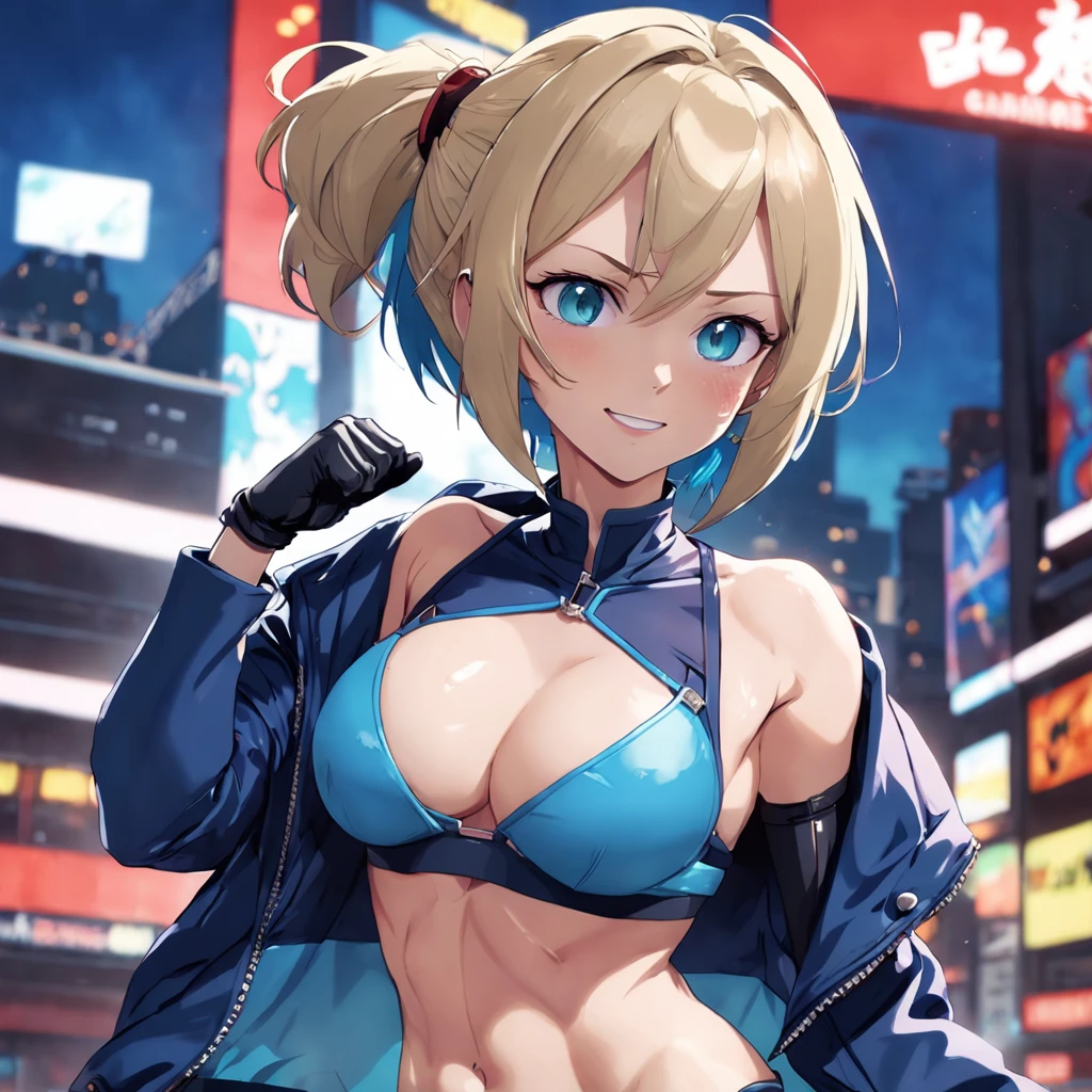 cammy white, short hair, antenna hair, blue eyes, scar on cheek, large breasts, black choker, collarbone, blue jacket, cropped jacket, open jacket, sports bra, midriff, fingerless gloves, black gloves, ((high cut thong lingery sexy)),light smile,ambient lighting