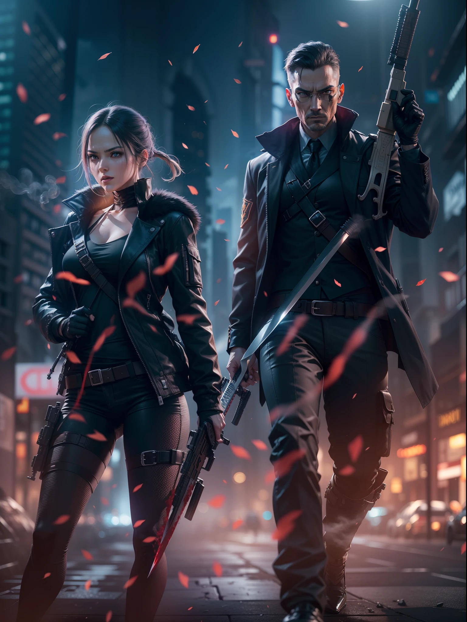 1assassin woman with (sword) and 1agent man with (AWM sniper gun), on thrilling mission background bokeh, matrix city, ((ultra Detailed texture HDR UHD graphics Sony Alpha A7)), (detailed face) film lighting effects combination of two colorsrich colors night, blood splashes smoke around them, 8K.