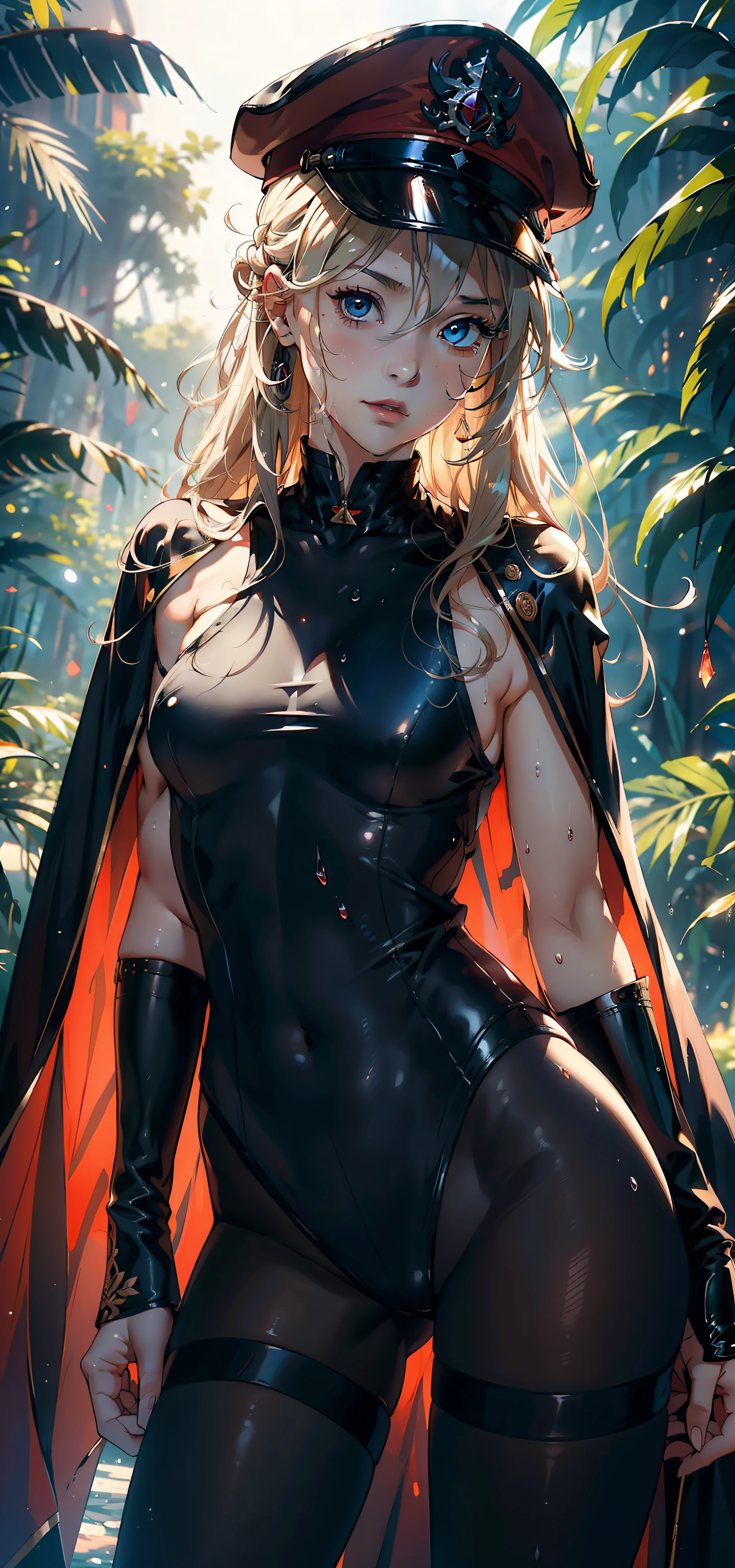 1female,11yo,bit girl,super adorable,smallunderboob,Pornographic exposure, 独奏,(Background with:ln the forest,the rainforest,in summer,Water on the ground,exteriors) Feel free to hairstyle,Stride,Sweat profusely,drenched all over the body,seen from the front,Long blonde hair , mostly cloudy sky,(((tmasterpiece),(Very detailed CG unity 8K wallpaper),best qualtiy,cinmatic lighting,detailed back ground,beatiful detailed eyes,Bright pupils,(Very fine and beautiful),(Beautiful and detailed eye description),ultra - detailed,tmasterpiece,)),face to the viewer,frontage,A high resolution,ultra - detailed)nakeness,Wipe off panties,revealing breasts,Bare genitalia, Bulge,Camel toes,Raised sexy,Lewd expression,Flushed complexion,Open-mouthed,frontage,military hat,(Wearing:,Red cape,Black pantyhose)