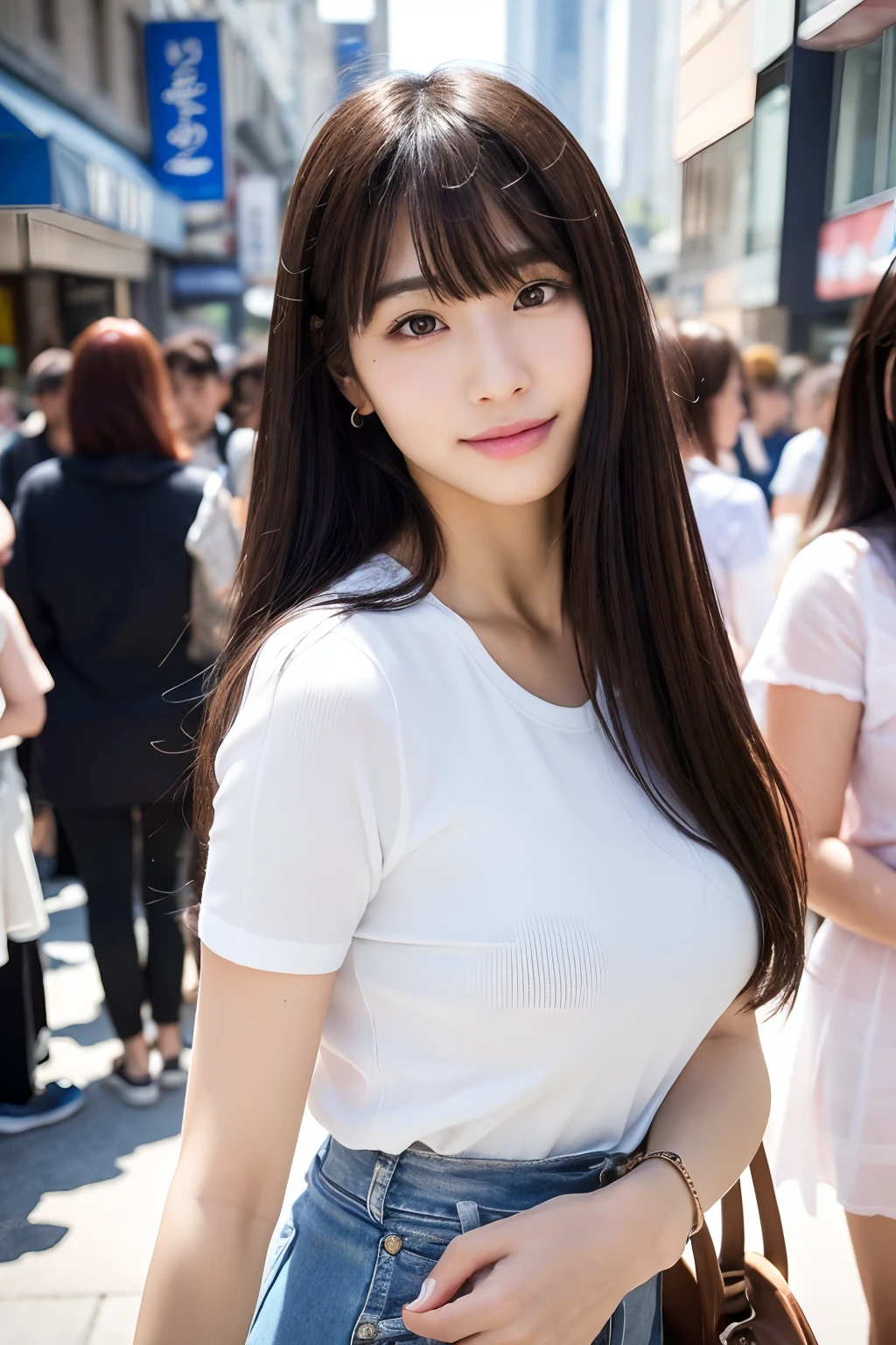(8k, RAW Photo, Best Quality, Masterpiece:1.2), Ultra Detail, Super Resolution, (Realistic, Realistic Photo:1.37), Portrait, High Detail RAW Color Photo, Professional Photo, Extremely Detailed and Beautiful, Extremely detailed, 8k wallpaper, amazing and detailed, huge file size, official art, highly detailed CG unity 8k wallpaper, highly detailed beautiful girl, highly detailed face, highly detailed eyes, highly detailed skin, highly detailed fingers, highly detailed nose, very detailed detailed mouth , perfect anatomy, highly detailed background, highly detailed clothing, 1girl, (18:1.2), teen, cute girl, famous japanese idol, kawaii, realistic body, petite, fair skin, glowing skin , slim body , handsome body, black hair, long straight hair, (blunt bangs:1.2), smile, cute, youthful, cute face, realistic face, delicate eyes, drooping eyes, white t-shirt, skirt, earring, looking at viewer, cowboy shot, front Facing, Standing, Contraposto, High Street, Public, Crowd, Dynamic Lighting, Very Large Breasts,