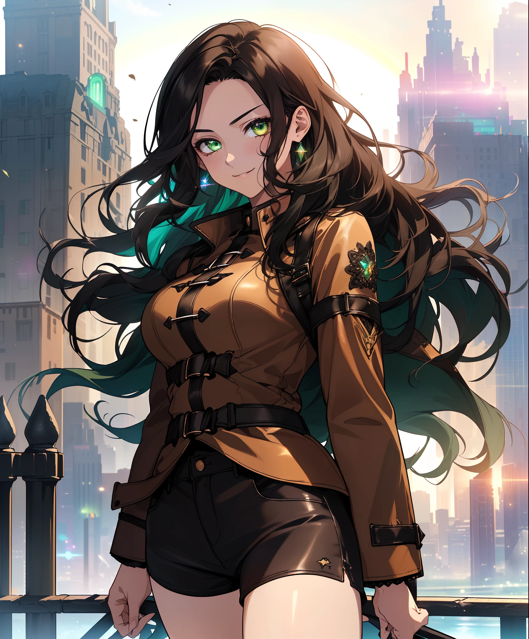 ((((A young woman))), the anime, ( Green eyes), (black hair), Nice face, ssmile, the perfect body, Wavy Hair, hairlong, (((morena))), big breastes, ((tmasterpiece, beste-Qualit)), illustartion, ультра детализированная 8k, Photorealistic, sharp-focus, higly detailed, Professional lighting, colorful details, Rainbow colors, Glowing, intricate detials, Vivid details, leather shorts, Luminous strap,  Top Mom, leather coat, city   of the future