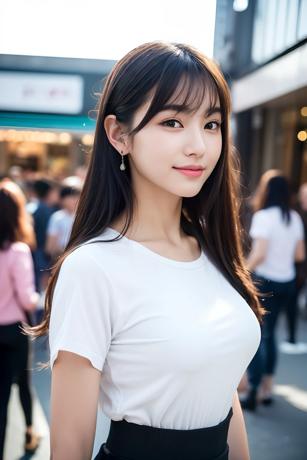 (masterpiece:1.2,Highest quality),Blur the background,One high school girl,((Tshirt)),(Big Breasts),((Sculpture Pose)),((Beautiful and beautiful eyes)),Blushed,Healthy Skin,Observe the audience,(smile),(Date in the downtown area),8K resolution