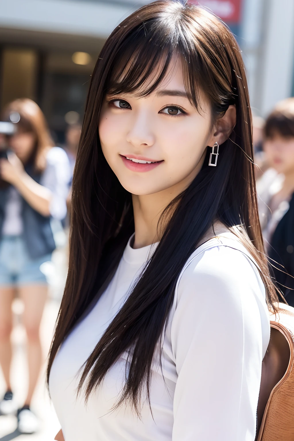 (8k, RAW Photo, Best Quality, Masterpiece:1.2), Ultra Detail, Super Resolution, (Realistic, Realistic Photo:1.37), Portrait, High Detail RAW Color Photo, Professional Photo, Extremely Detailed and Beautiful, Extremely detailed, 8k wallpaper, amazing and detailed, huge file size, official art, highly detailed CG unity 8k wallpaper, highly detailed beautiful girl, highly detailed face, highly detailed eyes, highly detailed skin, highly detailed fingers, highly detailed nose, very detailed detailed mouth , perfect anatomy, highly detailed background, highly detailed clothing, 1girl, (18:1.2), , cute girl, famous japanese idol, kawaii, realistic body, petite, fair skin, glowing skin , slim body , handsome body, black hair, long straight hair, (blunt bangs:1.2), smile, cute, youthful, cute face, realistic face, delicate eyes, drooping eyes, white t-shirt, skirt, earring, looking at viewer, cowboy shot, front Facing, Standing, Contraposto, High Street, Public, Crowd, Dynamic Lighting, Very Large Breasts,