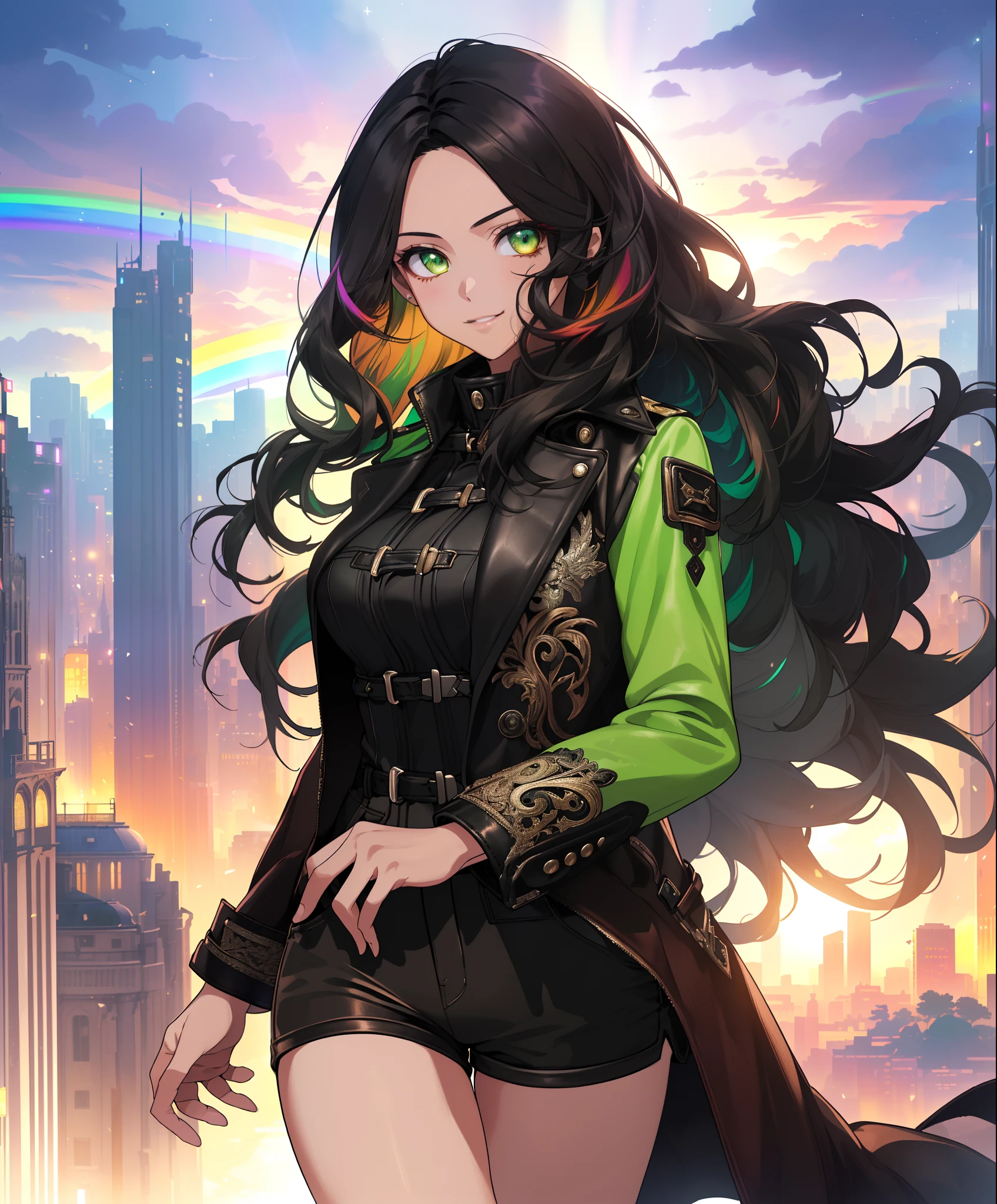 ((((A young woman))), the anime, ( Green eyes), (black hair), Nice face, ssmile, the perfect body, Wavy Hair, hairlong, (((morena))), big breastes, ((tmasterpiece, beste-Qualit)), illustartion, ультра детализированная 8k, Photorealistic, sharp-focus, higly detailed, Professional lighting, colorful details, Rainbow colors, Glowing, intricate detials, Vivid details, leather shorts, Luminous strap,  Top Mom, leather coat, city   of the future