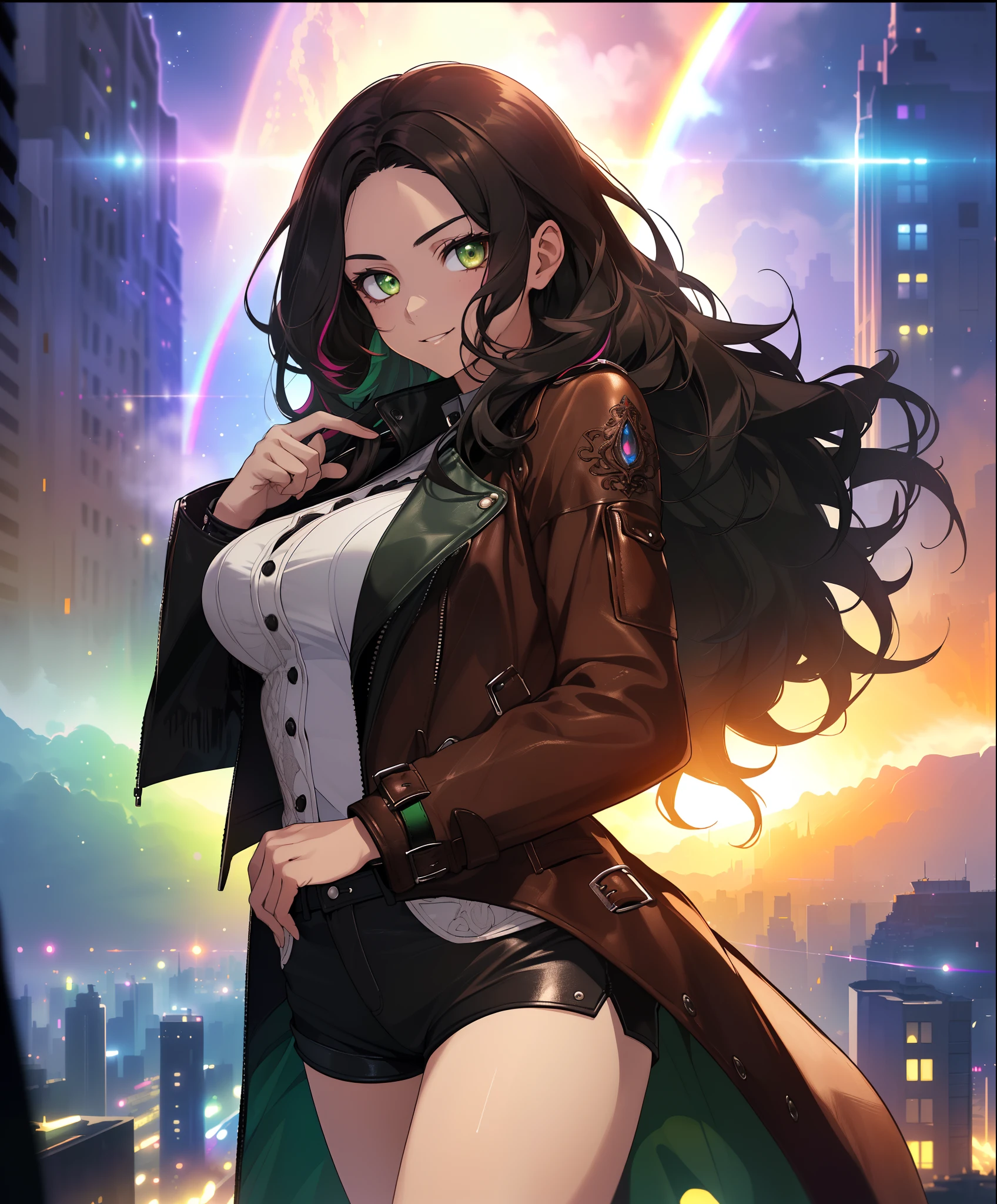 ((((A young woman))), the anime, ( Green eyes), (black hair), Nice face, ssmile, the perfect body, Wavy Hair, hairlong, (((morena))), big breastes, ((tmasterpiece, beste-Qualit)), illustartion, ультра детализированная 8k, Photorealistic, sharp-focus, higly detailed, Professional lighting, colorful details, Rainbow colors, Glowing, intricate detials, Vivid details, leather shorts, Luminous strap,  Top Mom, leather coat, city   of the future