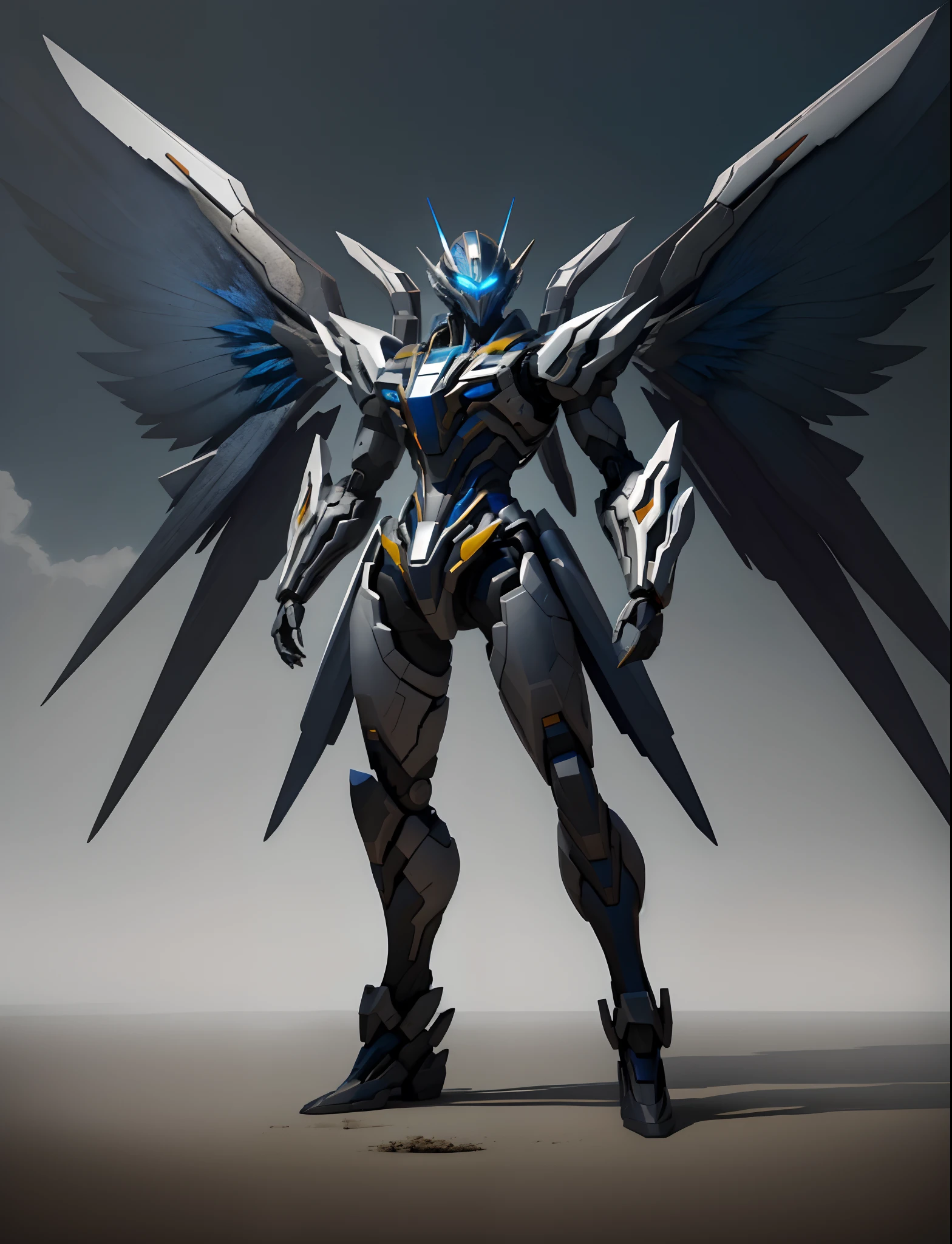 Robot, Top Quality, High Definition, Ultra Detail, Masterpiece, 8K Wallpaper, Metallic Color, Blue Eyes, Absurdity, High Resolution, Ultra-fine Illustration, Absurdity, Solo, Game CG, Lord, Sky, (Black Light: 1), (Detailed Beautiful Face and Eyes: 1.0), (Full Body Feminine Form: 1.5), Command Spell, Mecha Girl, Mask, Mechanical Parts, Robot Joint, , Full Armor, (Full Body: 1.5), Glowing eyes, mecha, (flying, flying), watching the viewer, skinny, mechanical wing,