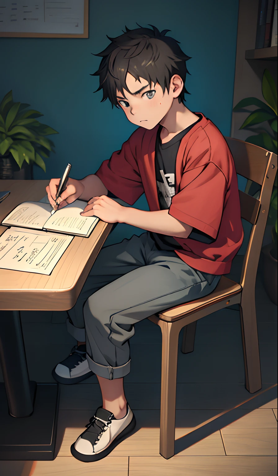 (masutepiece, Best Quality),1boy,(e boy,childd,Boy's face),a baby face,ideface,Boy sitting on chair studying,infancy,young age,short round face,Flat chin,finely detaild face,Gray shorts,well-muscled,short-hair,radiant eyes,opens his eyes wide,with an intricate,full body Esbian,nakeness,vivd colour,(depth of fields:1.2),Write in a notebook with a table,Full body portrait with serious expression