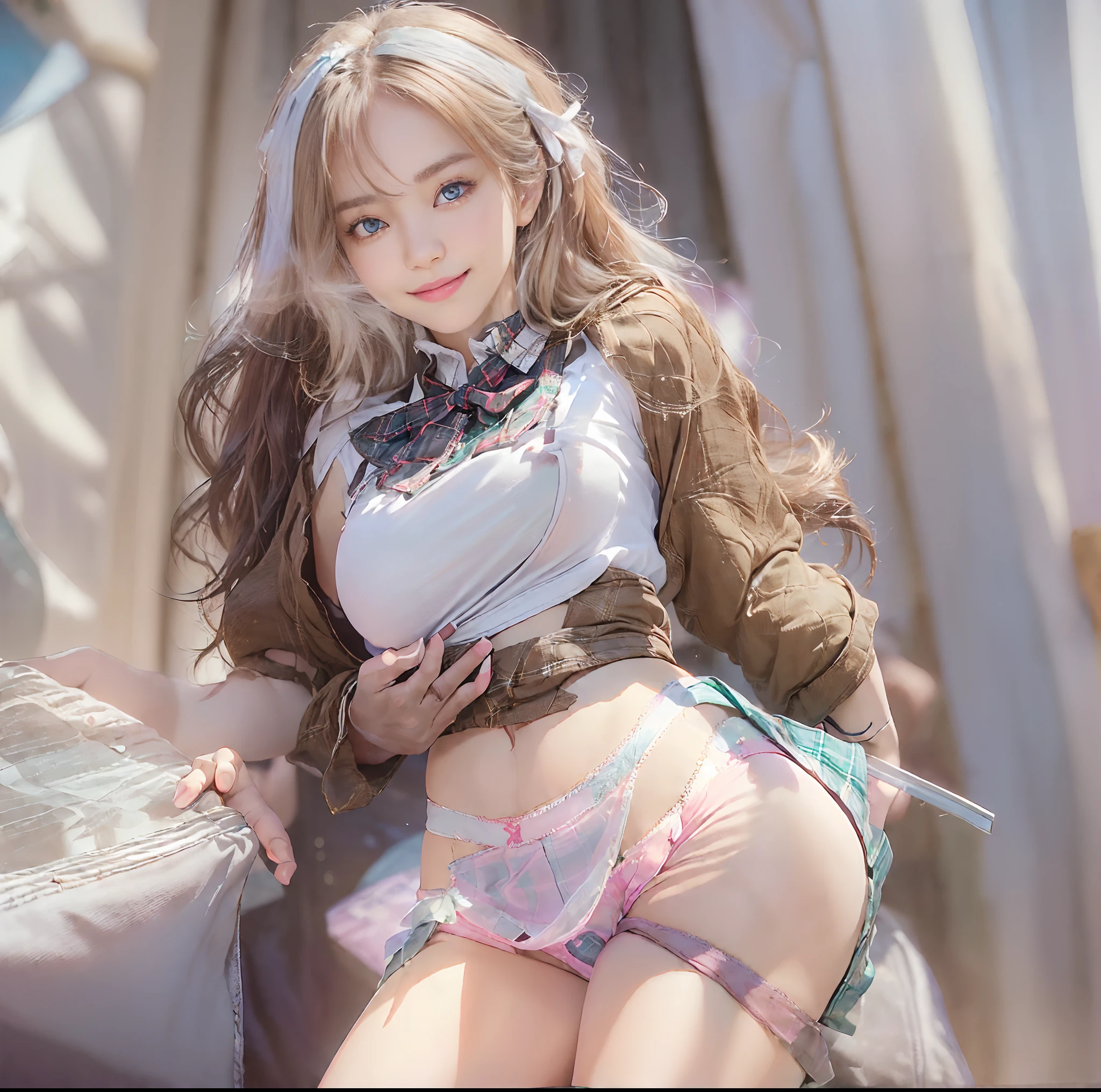 (top-quality、masterpiece)、(Realistic lighting with shadows)、elegent、(A hyper-realistic:1.5)、Stylish, canny, traditional, artistic, intricate detailes、(Perfect anatomical depiction of the human body)、1girl in, ( Huge breasts :1.4), Beautiful bright blue eyes squinting dazzlingly、She has a small mouth without lipstick、She has brunette half-up hair that shines in the backlight of the setting sun, (She is a schoolgirl costume:2.5)、 (The skirt is a tartan plaid micro mini pleat:1.9)、 (White sheer low cut panties:1.9)、 (Thin crimson ribbon ties:1.9), (The blouse is tightly closed from the neck to the skirt:2.5)、(The blouse is very cramped、tension due to very large breasts,,,:1.7)、(She stands and bends her knees slightly:1.3)、(This is a photo taken with squinted eyes and a cute smile......:1.5), (Pull up your skirt to show off your panties:2.5), (the face is chubby:1.3), perfect anatomia, A detailed face, close up of face, irene1