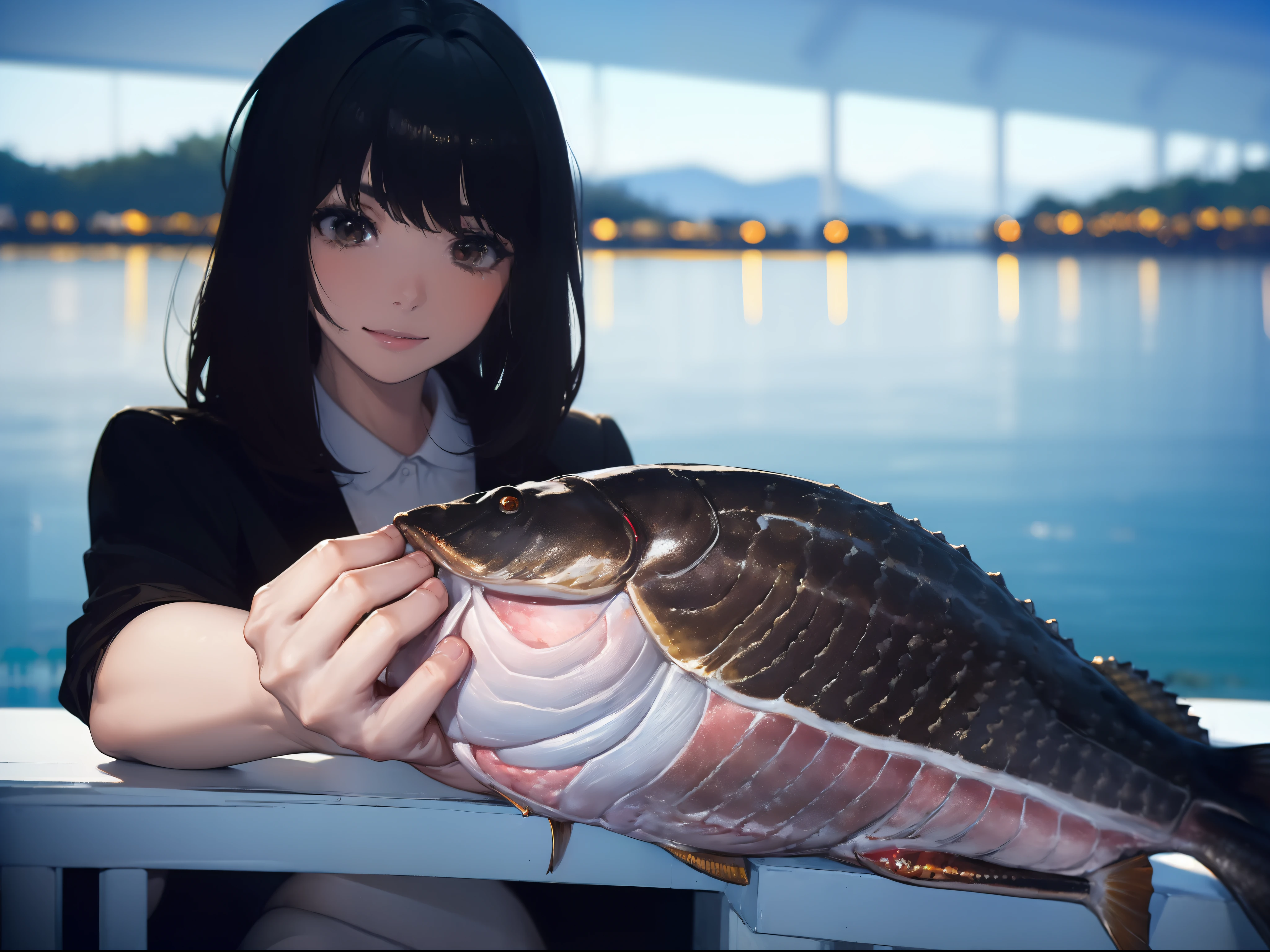 ((((Catch a big black bass by the lake:1.5)))),((1 female 22 years old)),((Best Quality, masterpiece :1.5)),(((Hands with the correct number and structure of fingers:1.5))),hight resolution,ultra-detailliert,masterpiece,best qualtiy,Black hair, long eyeslashes, Solid Circle Eyes, Smiling Woman, drop shadow, Atmospheric perspective,Super Detail, ccurate, small brest,(Black jacket :1.1),top-quality, blurry backround, bokeh dof:1.2, (masterpiece:1.3), Atmospheric perspective,Super Detail,Fish with the correct structure,dynamic compositions