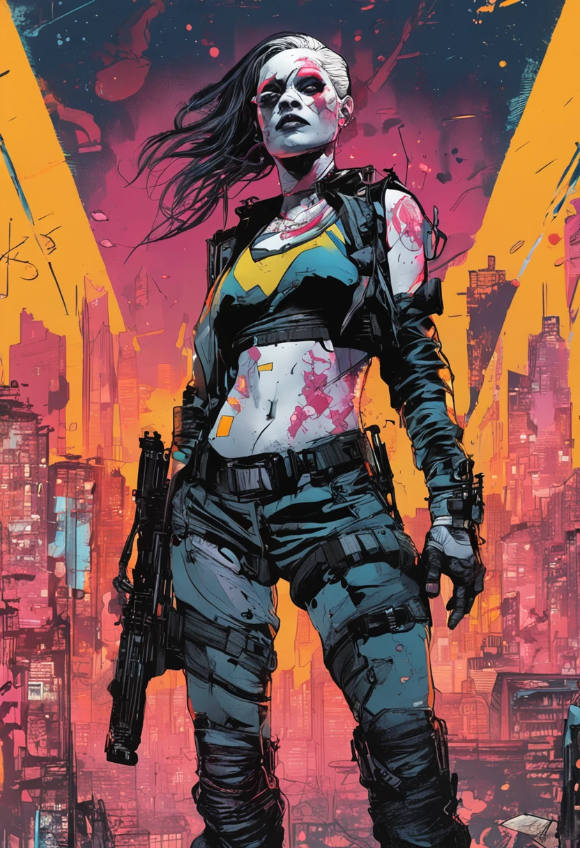 woman in blue jacket stands in city with gun, cyberpunk art by jason benjamin, trends in the CG community, self-destructive art, cyberpunk comic cover art, Lois van Barle and Rossdraus, Cyberpunk Judy Alvarez, Cyberpunk by Jackie Wells, jet black haired Cyberpunk Girl, Cyberpunk Girl, Modern cyberpunk, Arthur and Lois Van Baarl
