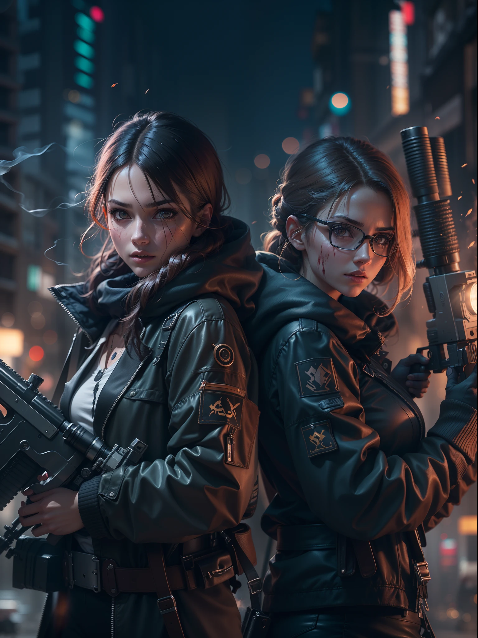 1assassin girl with (sword) and 1agent boy with (AWM sniper gun), on thrilling mission background bokeh, matrix city, ((ultra Detailed texture HDR UHD graphics Sony Alpha A7)), (detailed face) film lighting effects combination of two colorsrich colors night, blood splashes smoke around them, 8K.