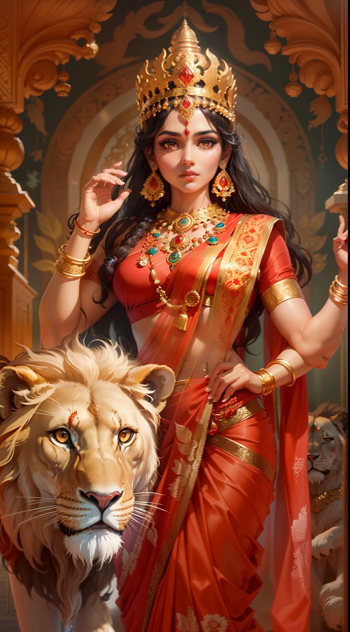 (highly detailed), (illustration), (intricate), (beautiful face), (attractive body), (complete body picture), modern indian goddess, Hinduism, (transparent red saree), dynamic pose, deity crown, (lion standing nearby), colorful, eye-catching, heavenly.