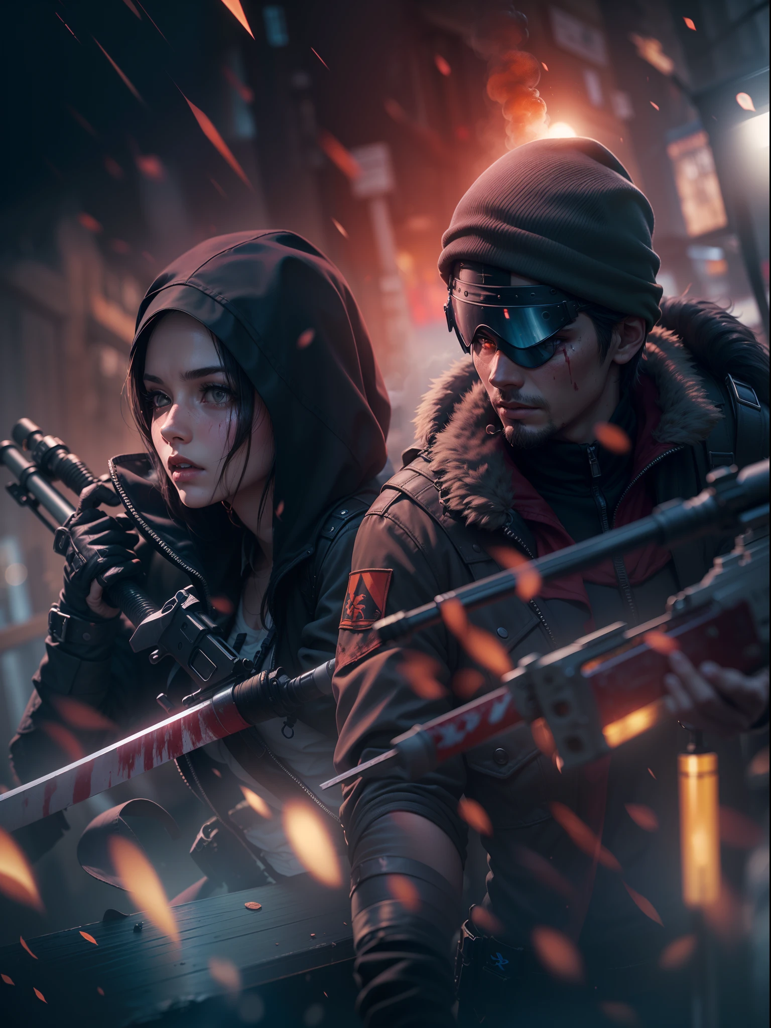 1assassin girl with (sword) and 1agent boy with (AWM sniper gun), on thrilling mission background bokeh, matrix city, ((ultra Detailed texture HDR UHD graphics Sony Alpha A7)), (detailed face) film lighting effects combination of two colorsrich colors night, blood splashes smoke around them, 8K.