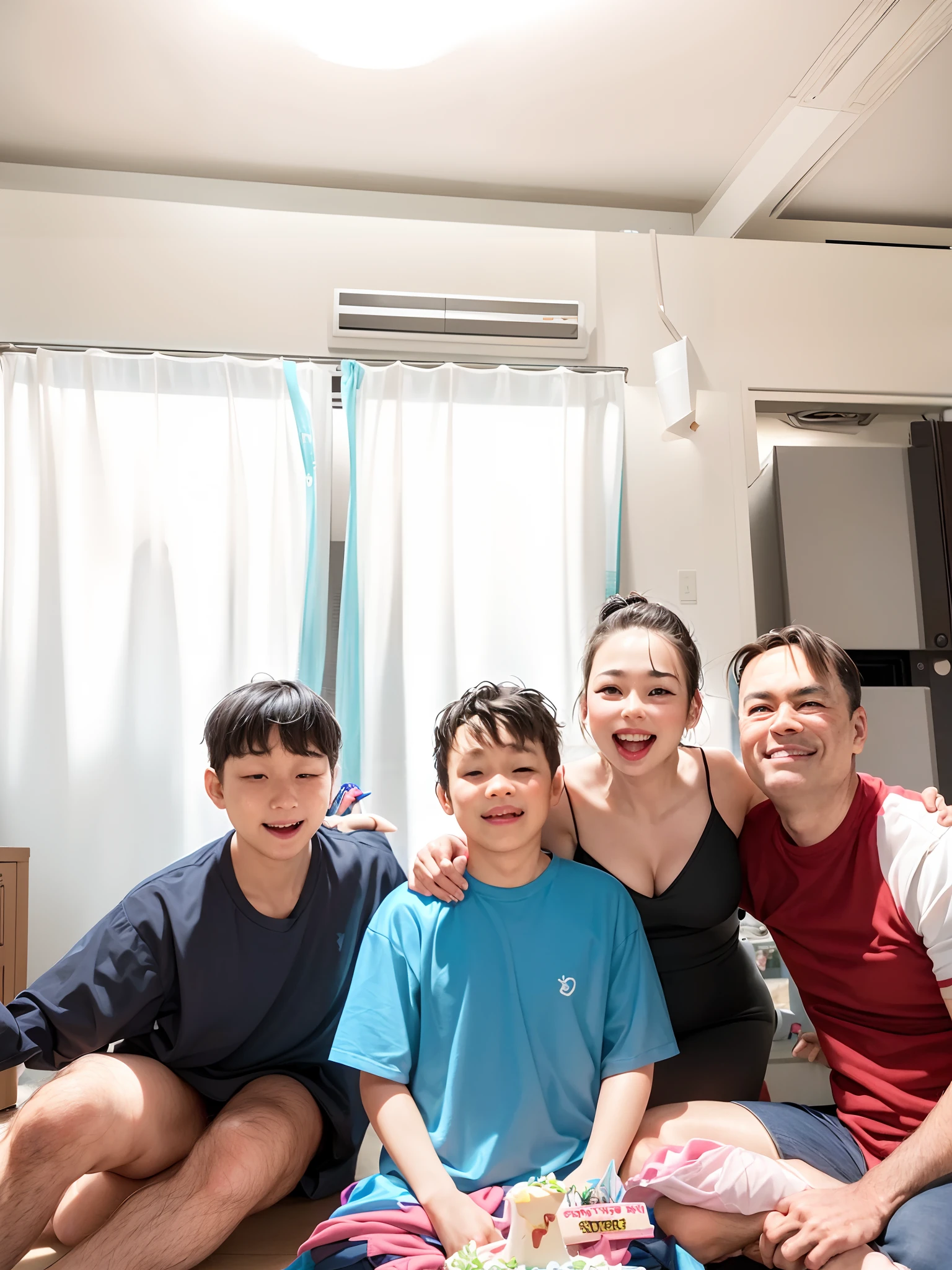 there are three people sitting on the floor with a cake, happy family, captured on iphone, 😭 🤮 💕 🎀, facebook post, photo taken in 2 0 2 0, taken in 2 0 2 0, ruan jia and brom, home photography portrait, profile image, family portrait, 4 k!!!, 🤬 🤮 💕 🎀, 4k masterpiece