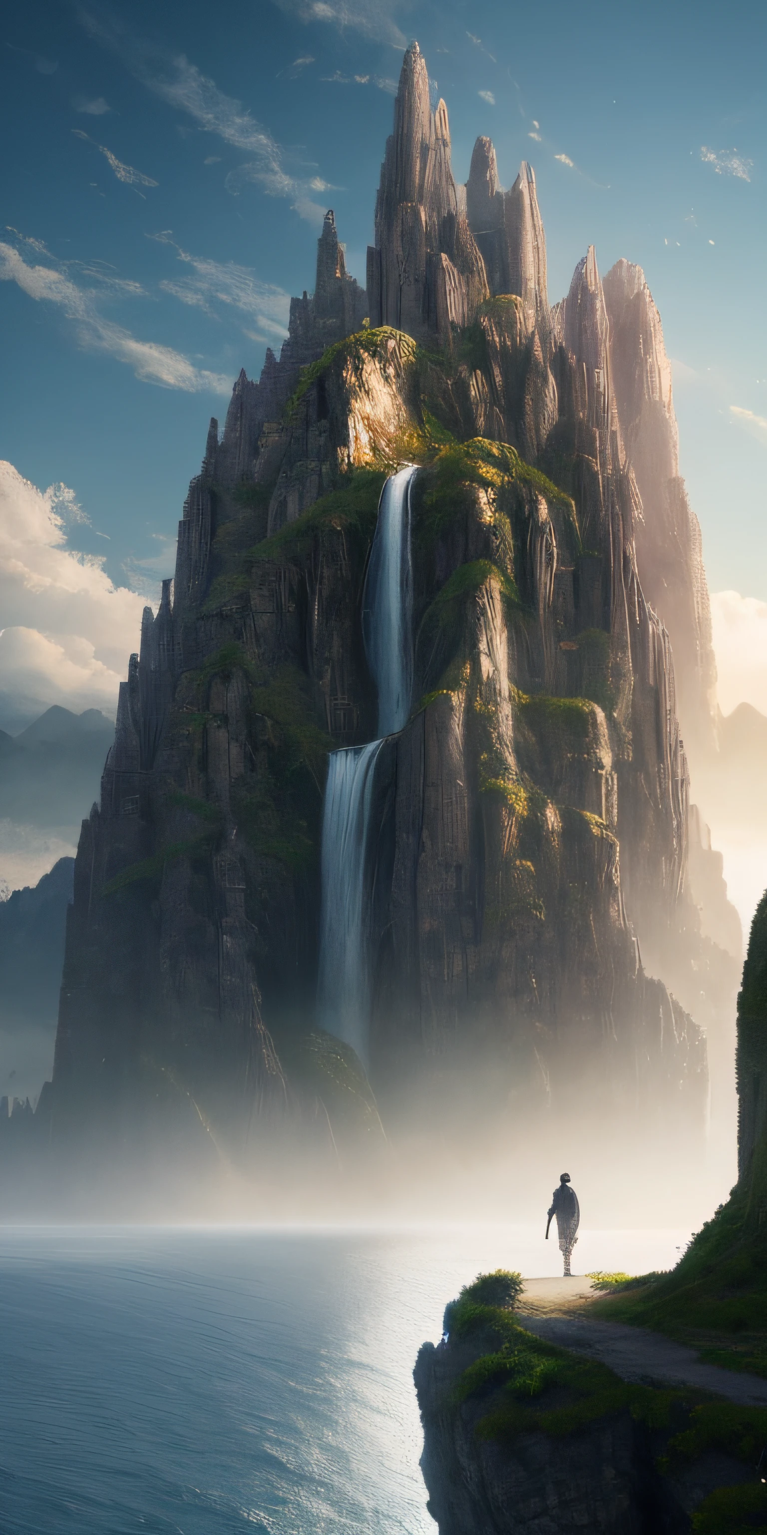 Masterpiece, best quality, high quality, extremely detailed CG unity 8k wallpaper, landscape, outdoor, sky, cloud, sky, no humans, mountain, landscape, water, tree, blue sky, waterfall, cliff, nature, lake, river , cloudy skies, award winning photography, bokeh, depth of field, HDR, bloom, chromatic aberration, photorealism, very detailed, trending on artstation, trending on CGsociety, intricate, high detail, dramatic, midjourney art