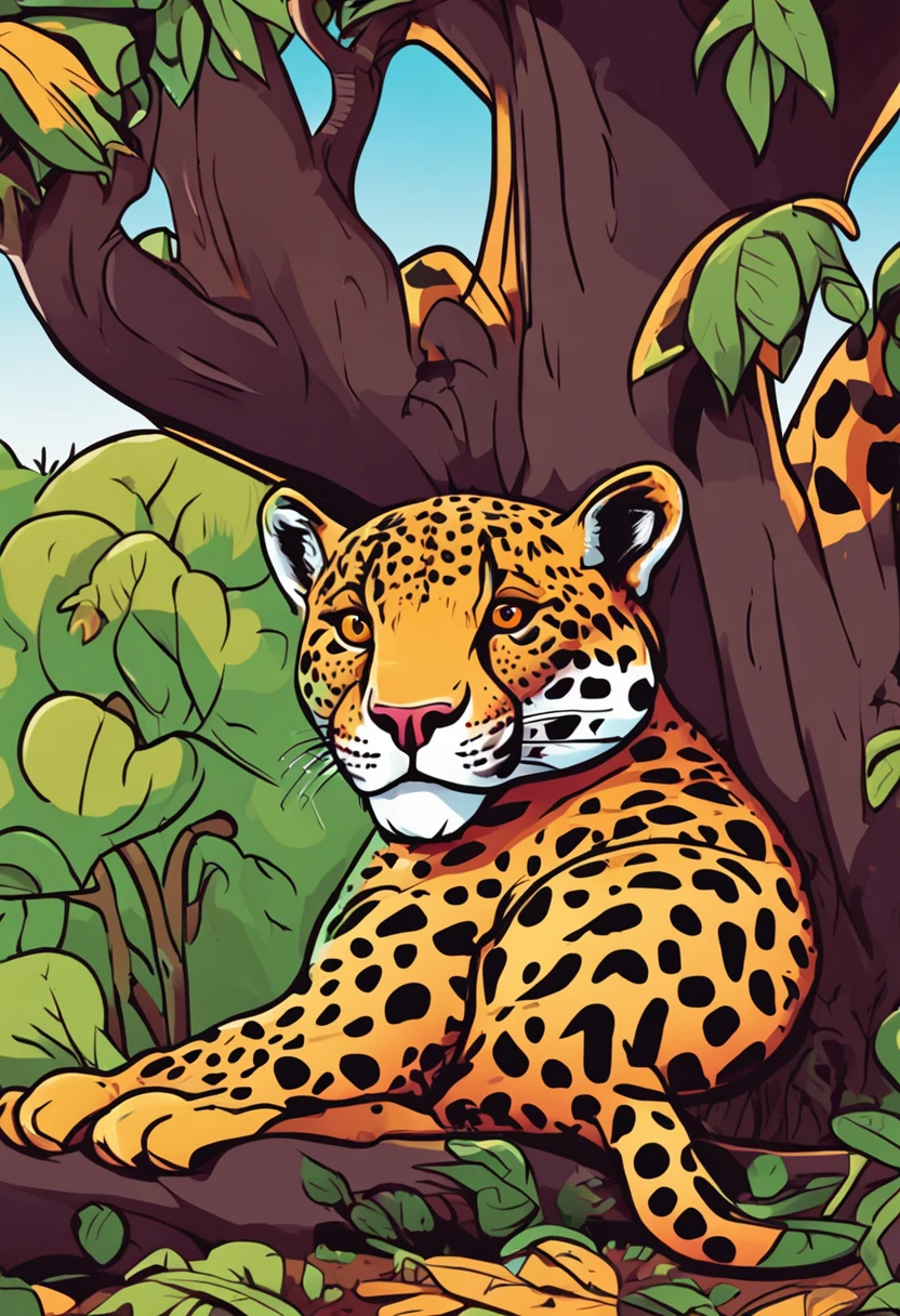 A cheerful and colorful cartoon of a smiling jaguar lounging in the shade of a leafy tree.