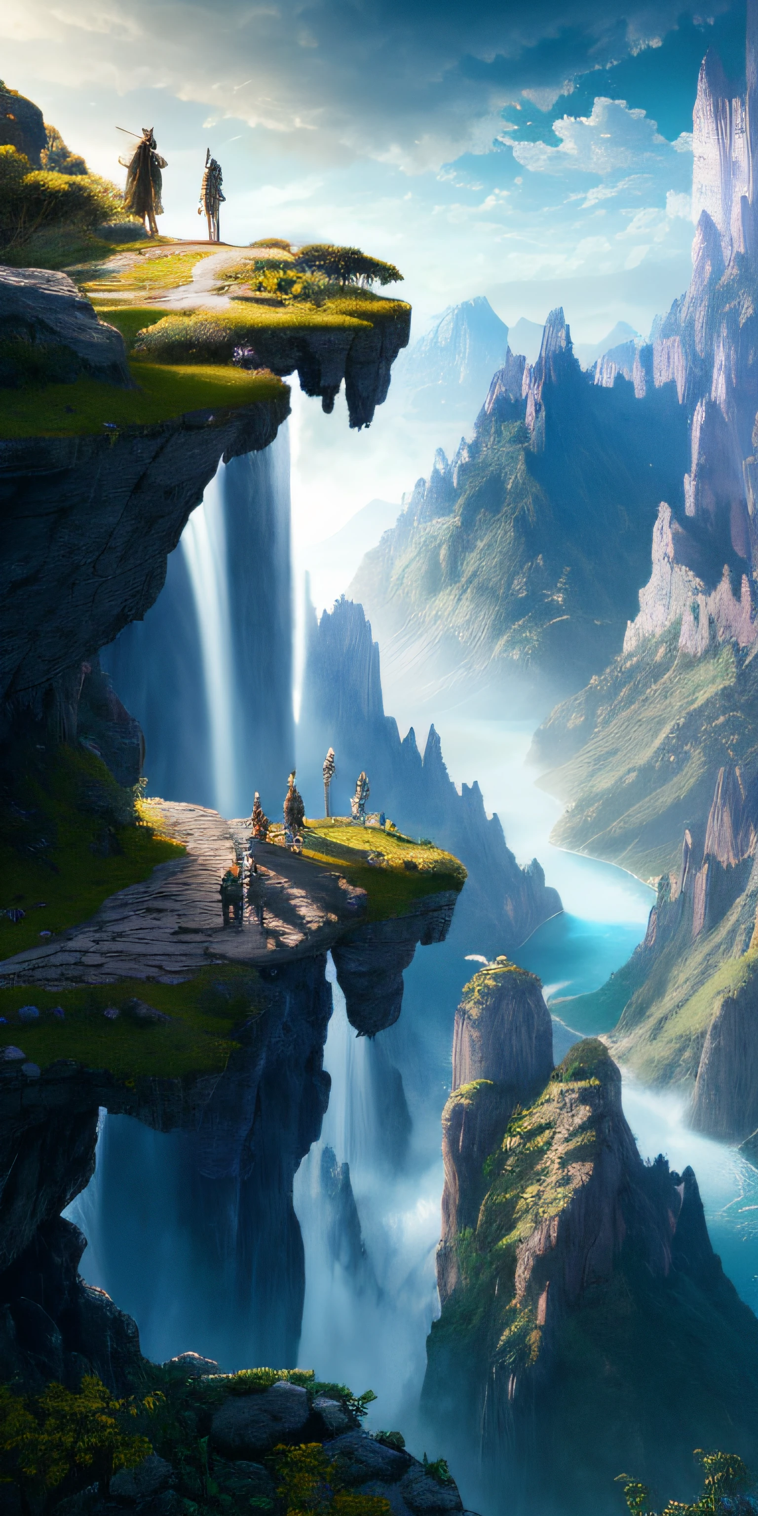 A group of people standing on top of a cliff near a waterfall - SeaArt AI