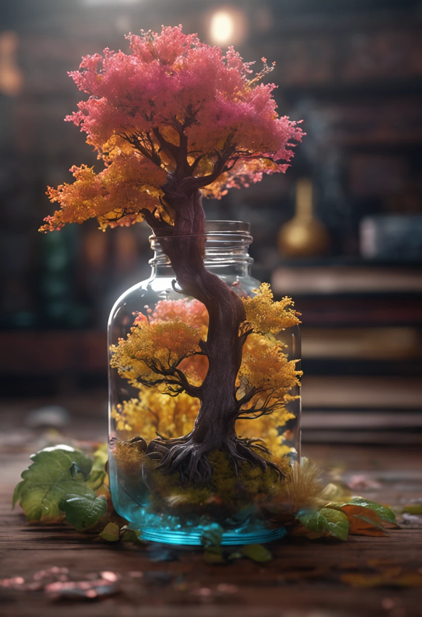 dreamlikeart tree in a bottle, fluffy, realistic, photo, canon, dreamlike, art, colorfull leaves and branches with flowers on top of its head. hyperdetailed photorealism by greg rutkowski - h 1024 w 804 | f 1 6 lens mark 2:2 s 3555 mm film grain :1 lifelike high res sharp focus contrast!! intricate detailed atmospheric light refraction lighting unreal engine 5 cinematic concept photography masterpiece octane render trending at cgsociety rendered as