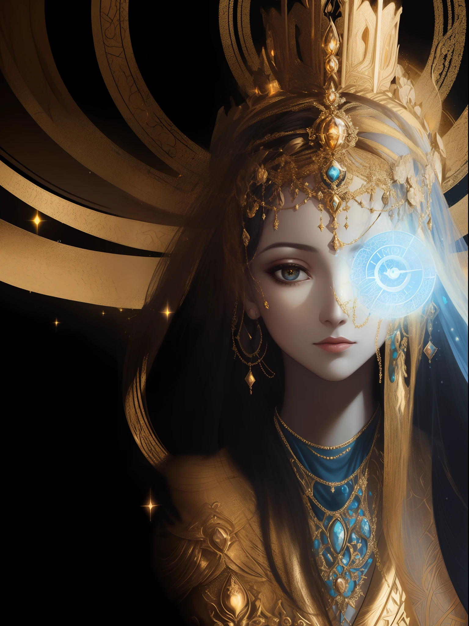 there is a woman with a golden headdress and a clock, goddess. extremely high detail, extremely detailed goddess shot, portrait of queen of light, a beautiful fantasy empress, karol bak uhd, a stunning portrait of a goddess, ((a beautiful fantasy empress)), beautiful elegant demon queen, portrait of a cosmic goddess, goddess close-up portrait