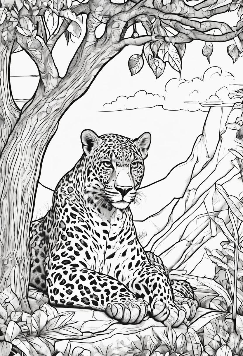 A coloring page for children of a jaguar resting in the shade of a tree