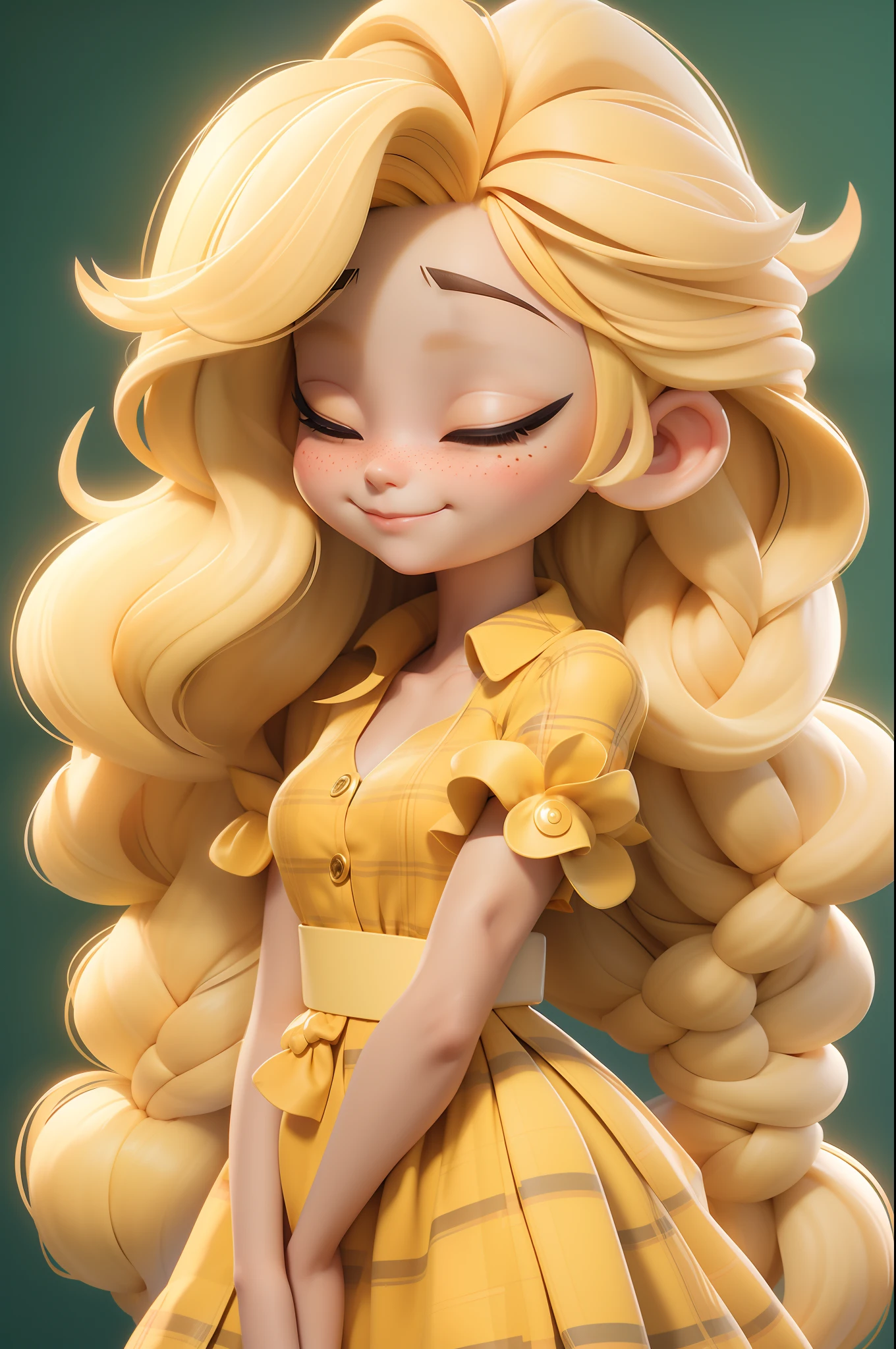 3D rendering style, 3D cartoon avatar, 3DD-LM, a loli girl, long hair with top braid, shiny blonde hair, closed eyes with long, sharp eyelashes, freckles on face, yellow and light yellow plaid top with three quarter sleeves, holding light flowers, at the public, half body, without glasses, The blue and white gradient background, very clear, white clouds