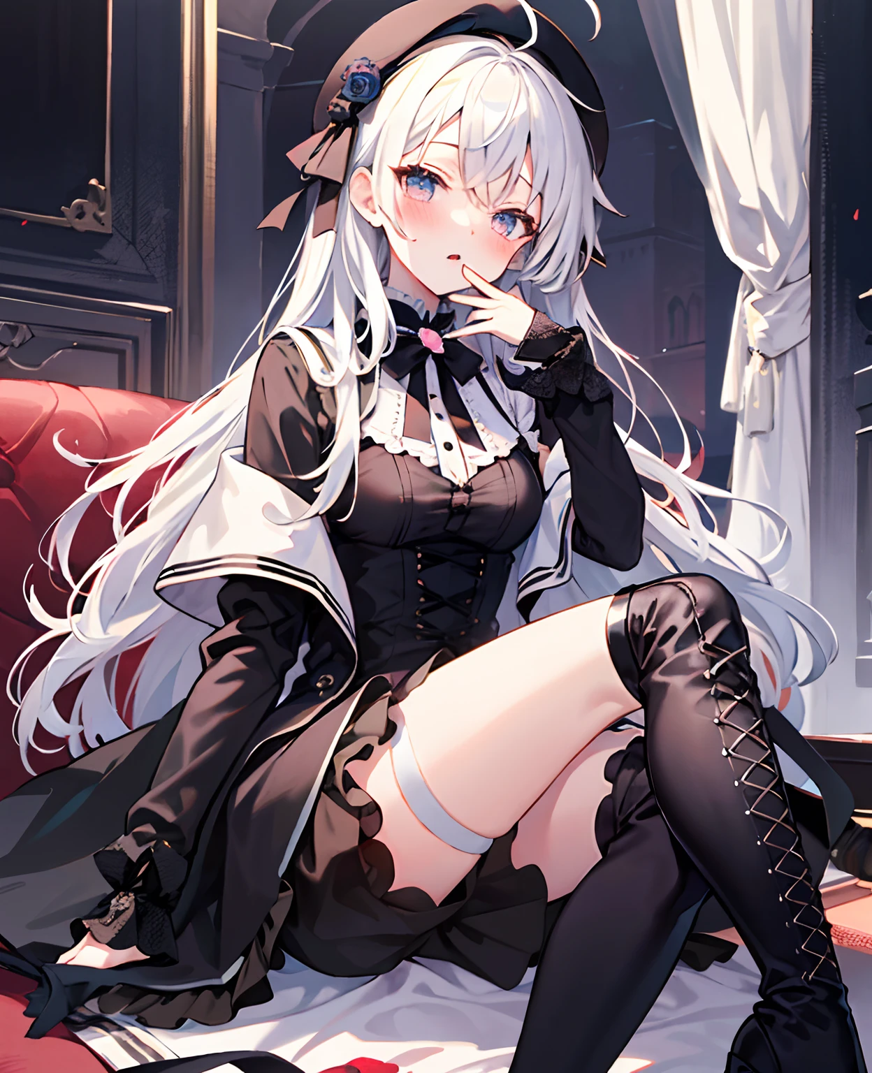 ((Masterpiece, Best quality))++, Detailed light+, Detail hair+, detail hand+ ,1girll, woman, Long hair, dark red eye, Beautiful eyes, Young gray hair,,(Beautiful white hair:1.5),(Beautiful detailed eyes), , high resolution+, Masterpiece, , Glass tones, Reflective eyes, {{Angle}} , extremelydetailedwallpaper, Original,full bodyesbian,Bedrooms,upper legs, starrysky,Issuing,Black thigh boots,Black lace-up boots,Gothic_ta,Normal legs,The reveal panties,The edges of the boots are noticeably different,Leg correction,beret,Sit in a chair