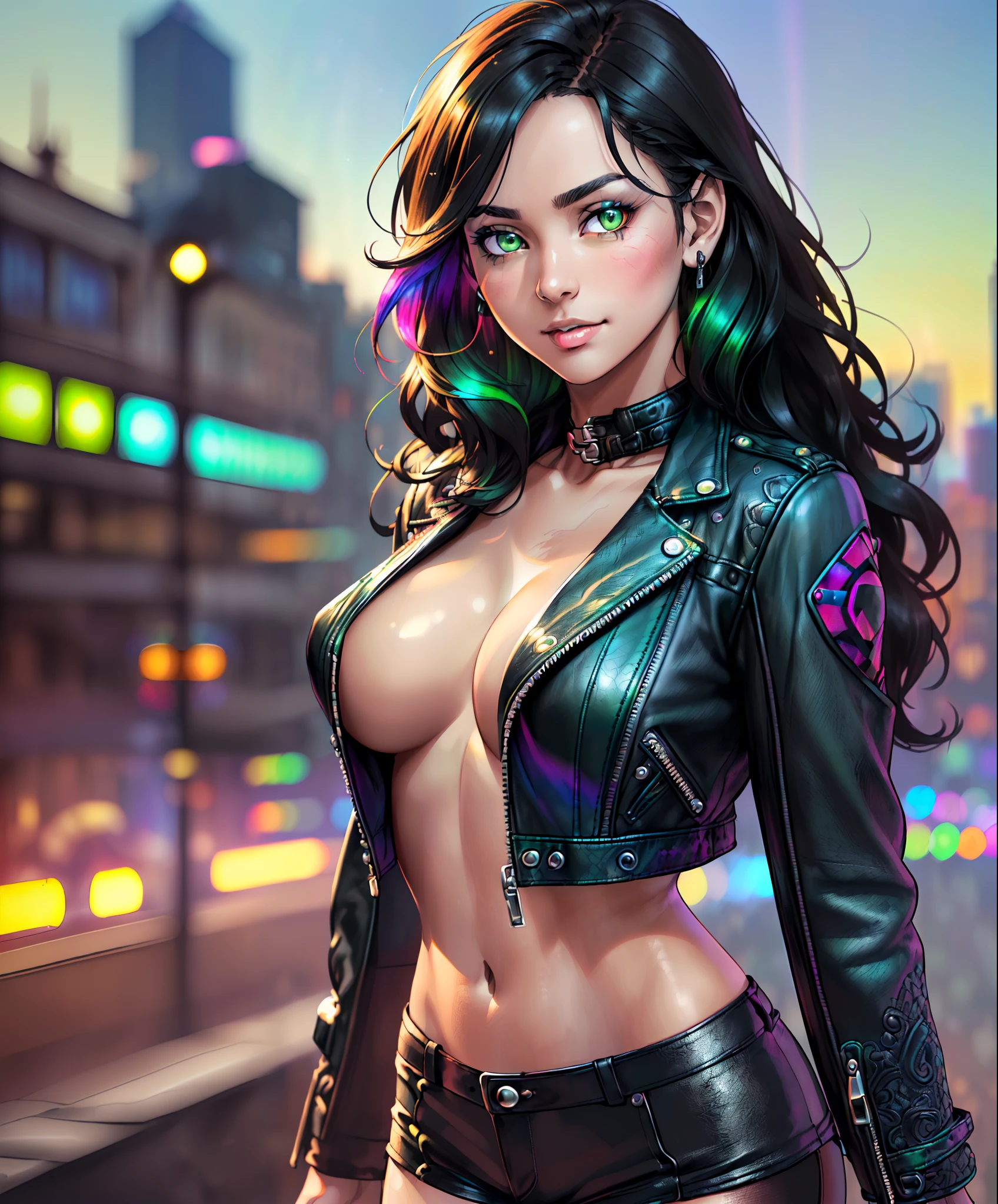 ((((((A young woman))), the anime, ( Green eyes), (black hair), Nice face, ssmile, the perfect body, Wavy Hair, hairlong, (((morena))), big breastes, ((tmasterpiece, beste-Qualit)), illustartion, ультра детализированная 8k, Photorealistic, sharp-focus, higly detailed, Professional lighting, colorful details, Rainbow colors, Glowing, intricate detials, Vivid details, leather shorts, Luminous strap, Top Mom, Leather Jacket G, city   of the future