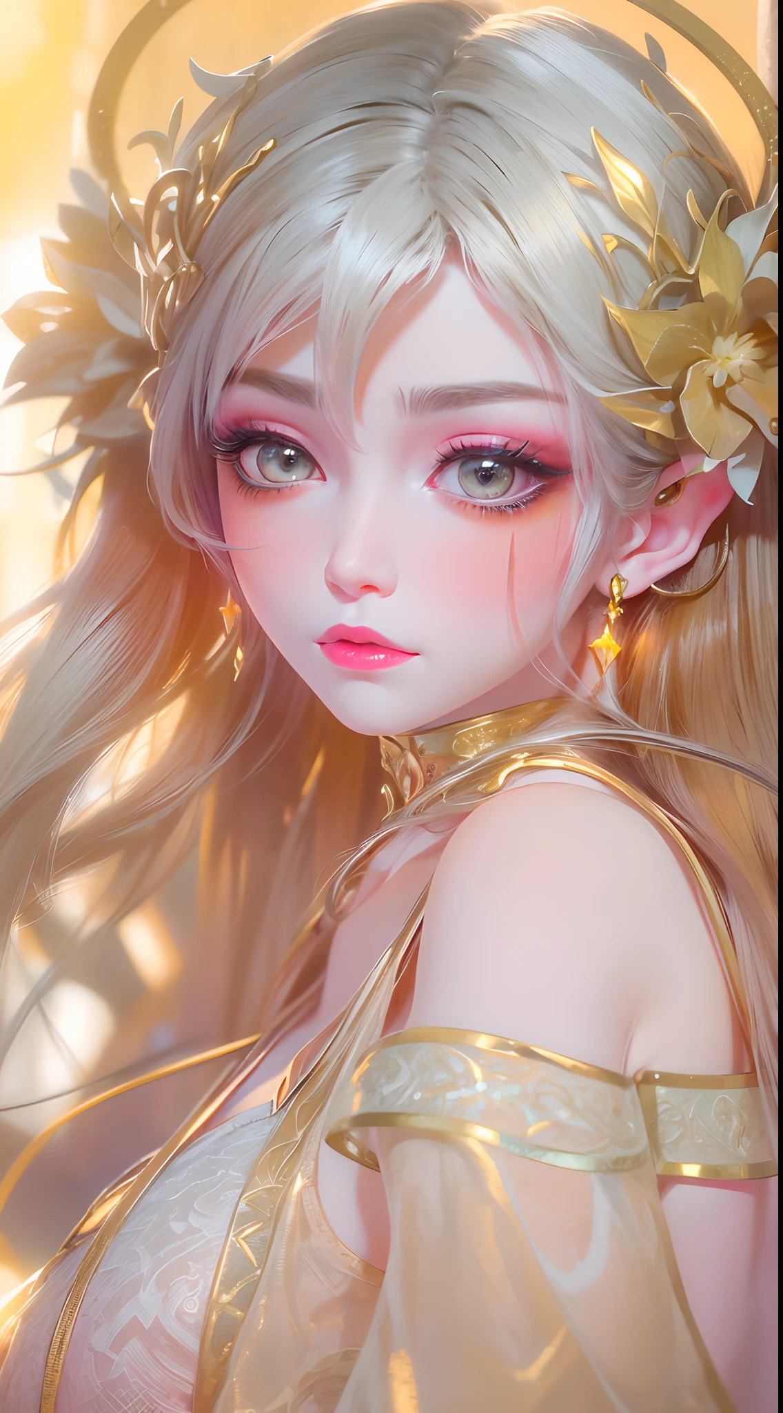 ((Masterpiece)), high quality, super detailed, blonde hair + white clothing: 1.2, sweet and delicate girl, bjd, ta, delicate facial features, perfect figure, face with pearl decoration, surrounding bubbles, bright bright colors, romantic long hair, natural light, warm and sweet, brown eyes, gorgeous hair decoration.