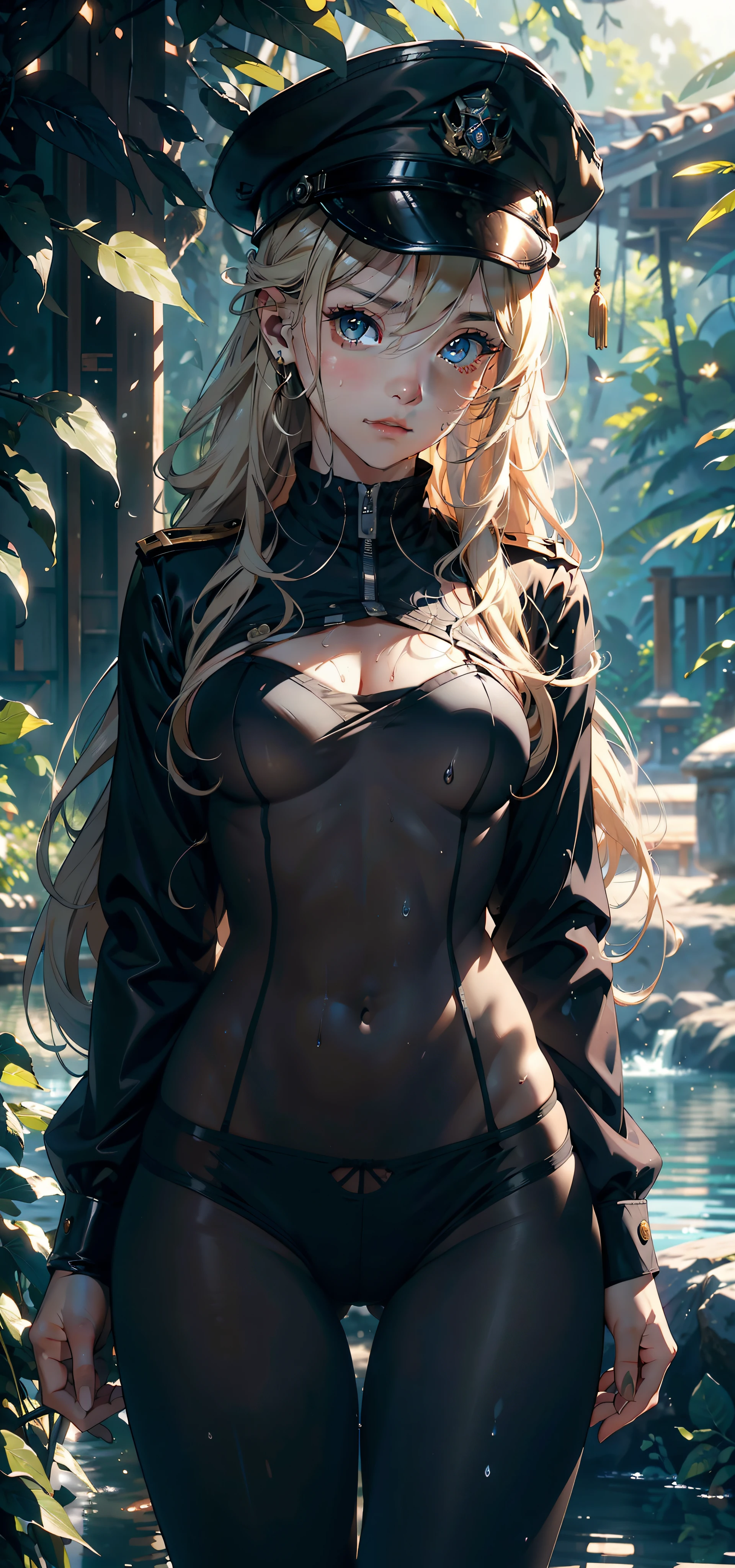 1female,,bit girl,super adorable,smallunderboob,Pornographic exposure, 独奏,(Background with:ln the forest,the rainforest,in summer,Water on the ground,exteriors) Feel free to hairstyle,Stride,Sweat profusely,drenched all over the body,seen from the front,Long blonde hair , mostly cloudy sky,(((tmasterpiece),(Very detailed CG unity 8K wallpaper),best qualtiy,cinmatic lighting,detailed back ground,beatiful detailed eyes,Bright pupils,(Very fine and beautiful),(Beautiful and detailed eye description),ultra - detailed,tmasterpiece,)),face to the viewer,frontage,A high resolution,ultra - detailed)nakeness,Wipe off panties,revealing breasts,Bare genitalia, Bulge,Camel toes,Raised sexy,Lewd expression,Flushed complexion,Open-mouthed,frontage,military hat,(Wearing:,Classical military uniform,Black pantyhose)