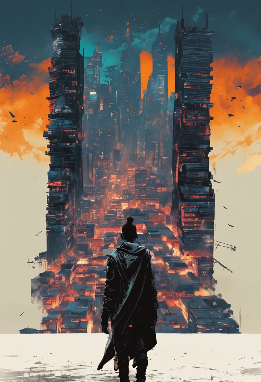 kratos, Skyline noturno da cidade cyberpunk, estilo nvinkpunk, Directed by: Jeremy Mann, Por Dave McKean e Richard Avedon e Maciej Kuciara, Punk rock, alto detalhamento, 4k, RTX, estilo anime, desenhado, combate, ????