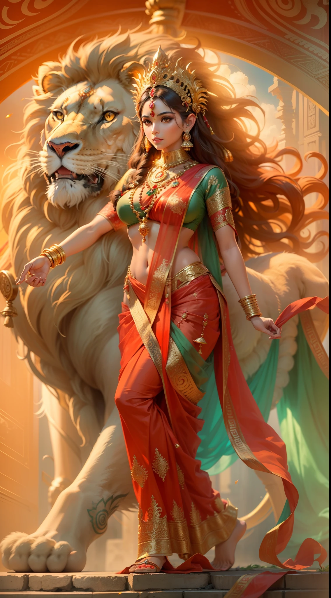 (Highly detailed), (Illustration), (Convoluted), (Beautiful face), (Attractive body), (Complete Body Picture), Modern Indian Goddess, (Transparent Red Sari), Dynamic Pose, God's Crown, (Lion Standing Nearby), Colorful, Eye-catching, Heavenly.full outfit black