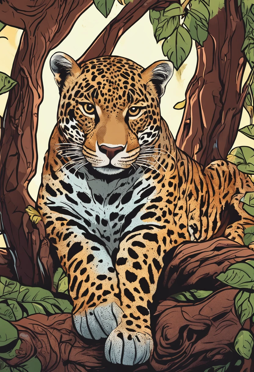 Um desenho divertido, Easy coloring for  children of a jaguar relaxing in the shade of a tree.