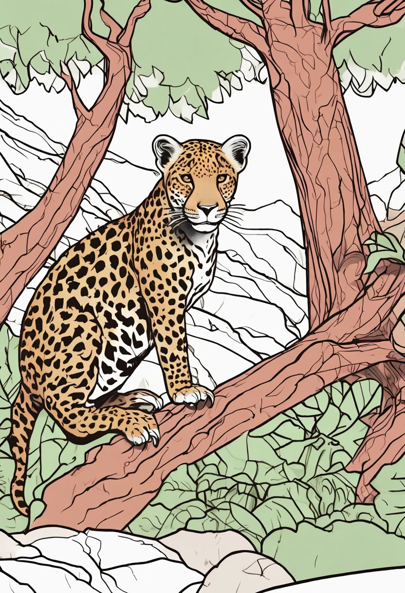 A simple coloring drawing for 8- children of a jaguar resting in the shade of a tree