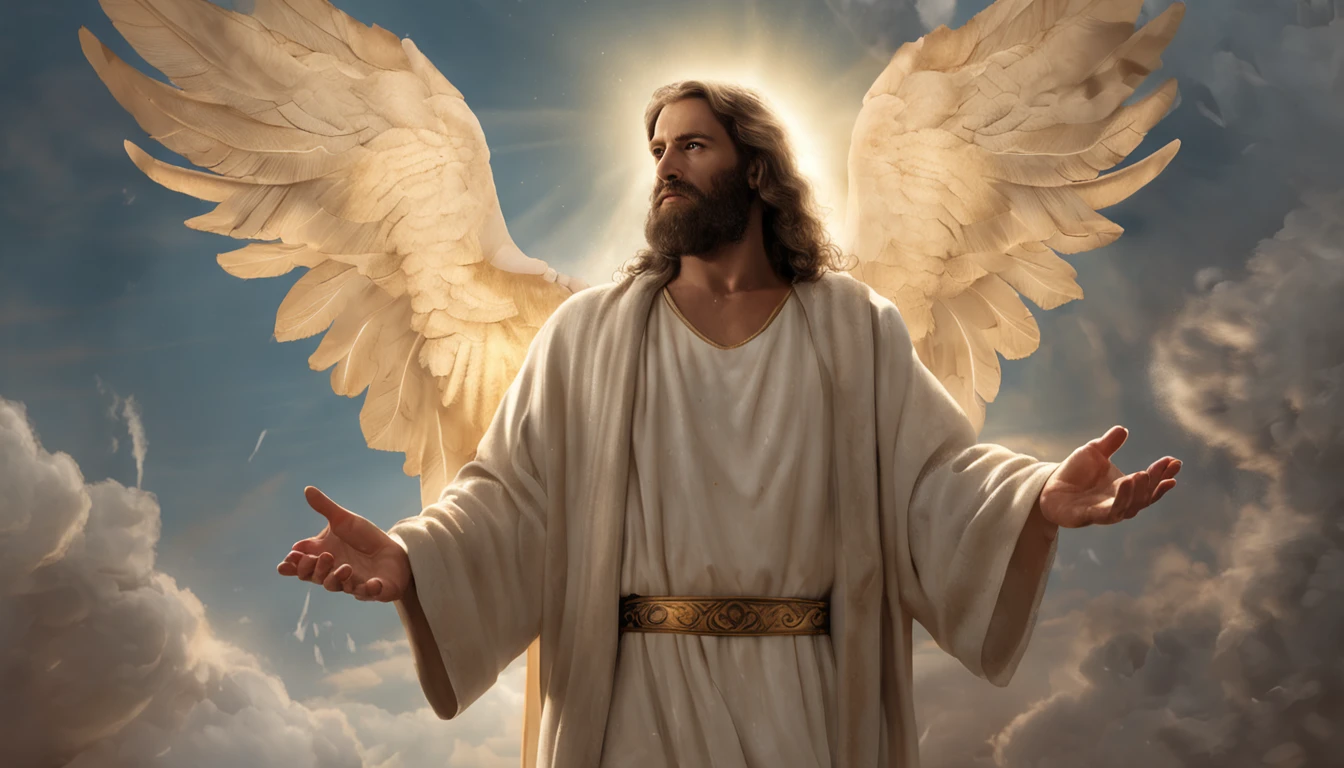 imagem serena de um homem de cabelos compridos e barba lendo um livro, biblical accurate angel, catholic religious art, bible illustration, anjo biblicamente acuado, anjo do antigo testamento, Jesus Cristo, Rob Rey, Jovem Deus Todo-Poderoso, cheio de pinturas de anjos, arte conceitual de deus, fan art, angelic, imagens sagradas, Retrato de Jesus Cristo