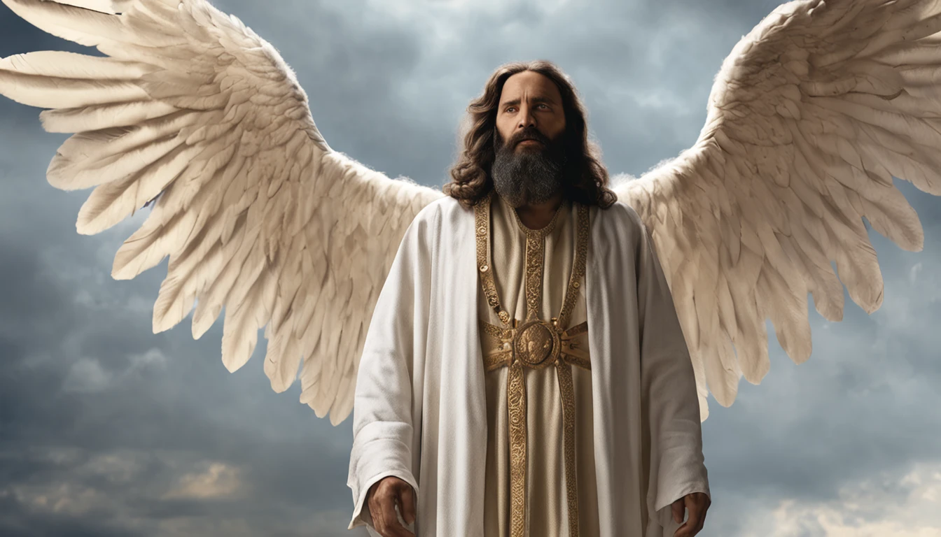 imagem serena de um homem de cabelos compridos e barba lendo um livro, biblical accurate angel, catholic religious art, bible illustration, anjo biblicamente acuado, anjo do antigo testamento, Jesus Cristo, Rob Rey, Jovem Deus Todo-Poderoso, cheio de pinturas de anjos, arte conceitual de deus, fan art, angelic, imagens sagradas, Retrato de Jesus Cristo