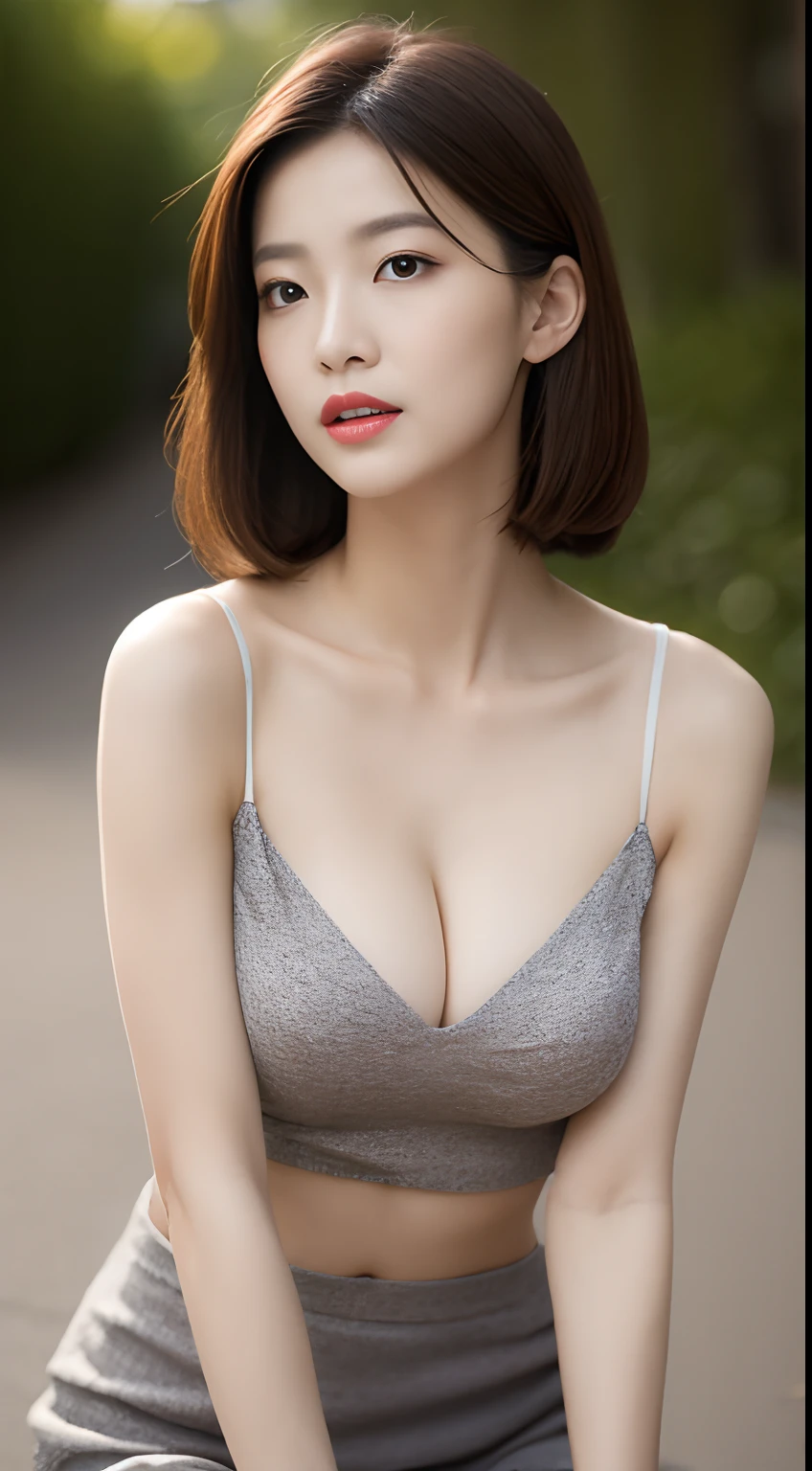 ((Best picture quality)), ((masterpiece)),8K,Realistic lighting,Young beauties,perfect bodies,Nice face,Brown hair color,Hairstyle medium short ,The eyes are delicate,Slim body, hair and delicate skin,Highly detailed facial and skin texture,Off-the-shoulder tights,(medium breasts:1.3)Expose cleavage,Skirt that wraps hips,parks,,In the daytime,sexy