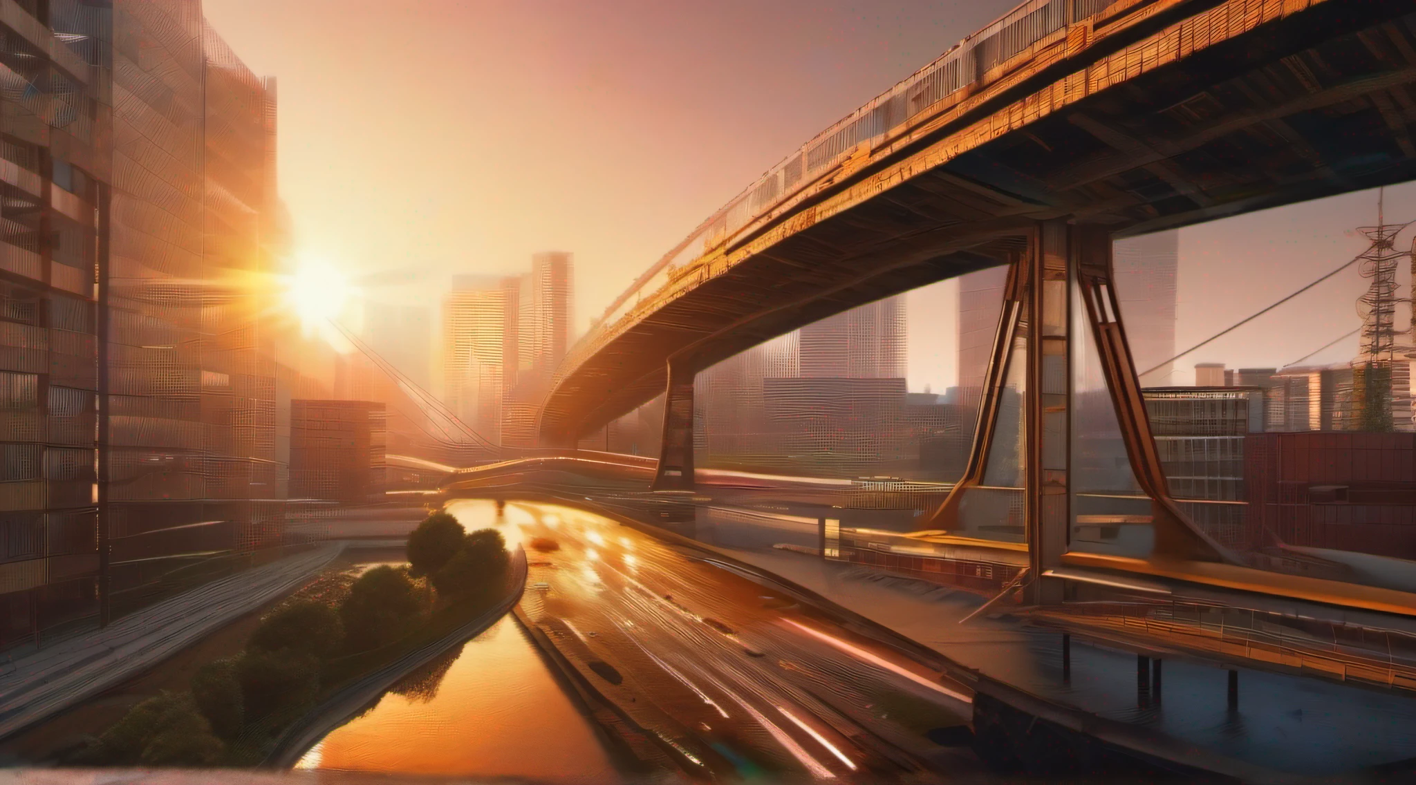 Create an image Divided into two planes, the image reveals the transformation: on the left image, an old city with decaying buildings and discouraged people, symbolizing the past to be abandoned. On the right image, the modern and vibrant city, representing the future to be built. In the center between the two images, a determined individual looks out over the new city, holding a bundle of energy that represents his dedication to building something better. A bridge between the two imegans and a beam of light highlight the transition. The message: focus on creating the new rather than resisting the obsolete.