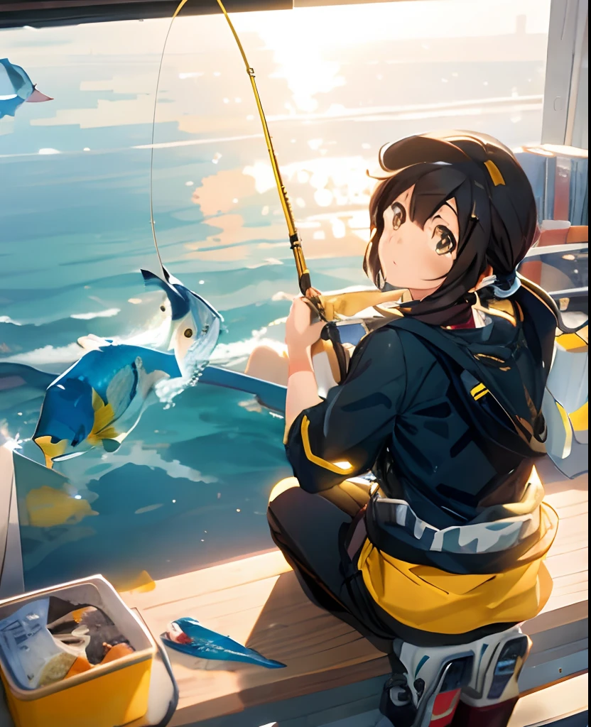 Anime girl fishing with fish on the shelf, By Shinkai Makoto!!, makoto shinkai art style, By Shinkai Makoto!, Shinkai Makoto style, By Shinkai Makoto. a digital rendering, in the style of makoto shinkai, Makoto Shinkai and ArtGerm, Official art, By Shinkai Makoto ( Yellow outerwear、Black pants )