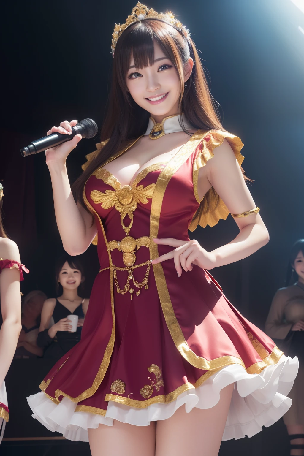 (hyper detailed background, Detailed background), ((masutepiece:1.4, Best Quality)), (photographrealistic:1.4),Japanese ido ,(Smile:1.5),Professional Lighting, Physically-based rendering,(extremely detailed eye and face), Detailed skin, Medium Hair, medium breasts,(idol costume:1.3),(Lively atmosphere),(On stage)