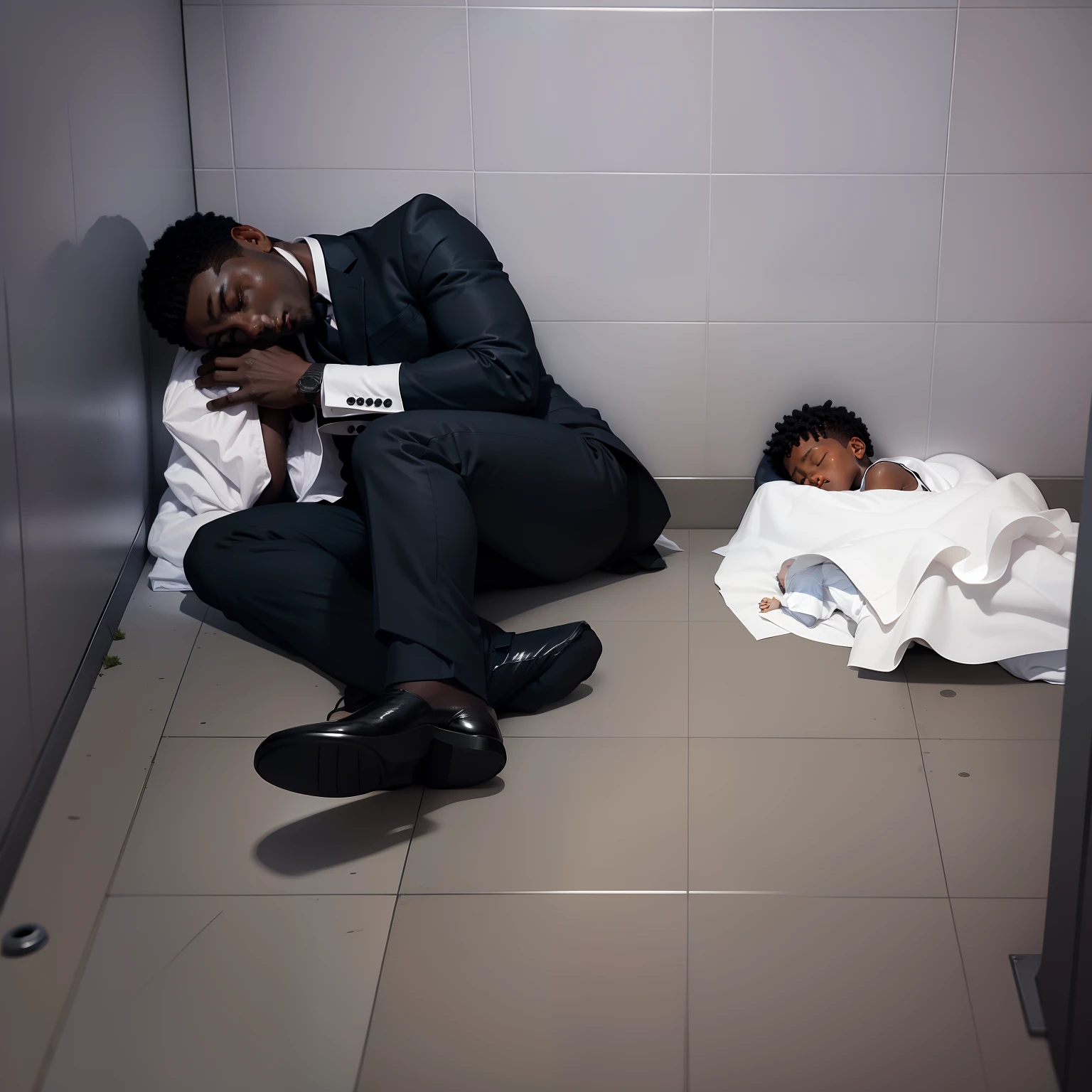 Black man in suit sleeping and black boy sleeping with sheet in a public toilet