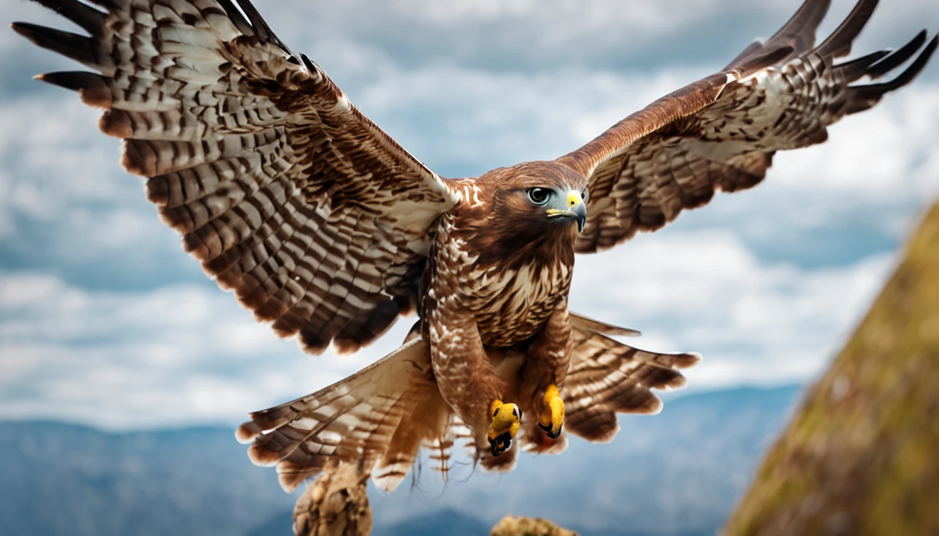 Brown hawk flying in the blue sky