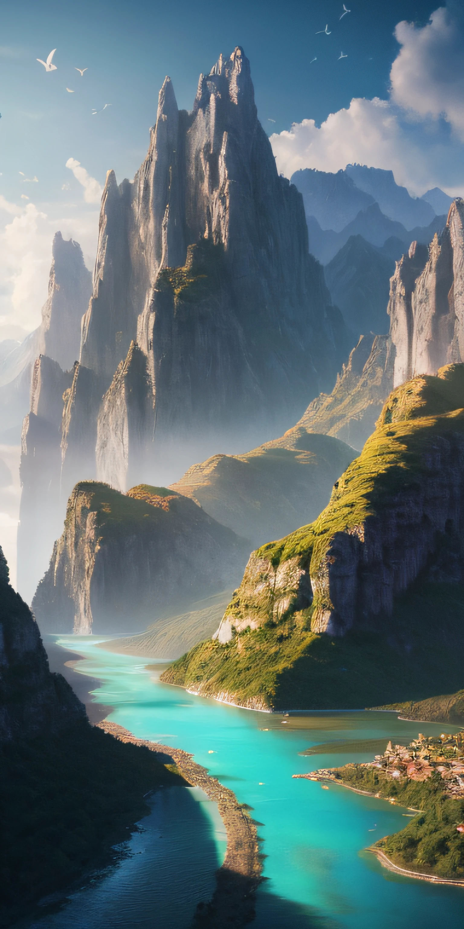 Masterpiece, best quality, high quality, extremely detailed CG unity 8k wallpaper, landscape, outdoor, sky, cloud, sky, no humans, mountain, landscape, water, tree, blue sky, waterfall, cliff, nature, lake, river , cloudy skies, award winning photography, bokeh, depth of field, HDR, bloom, chromatic aberration, photorealism, very detailed, trending on artstation, trending on CGsociety, intricate, high detail, dramatic, midjourney art