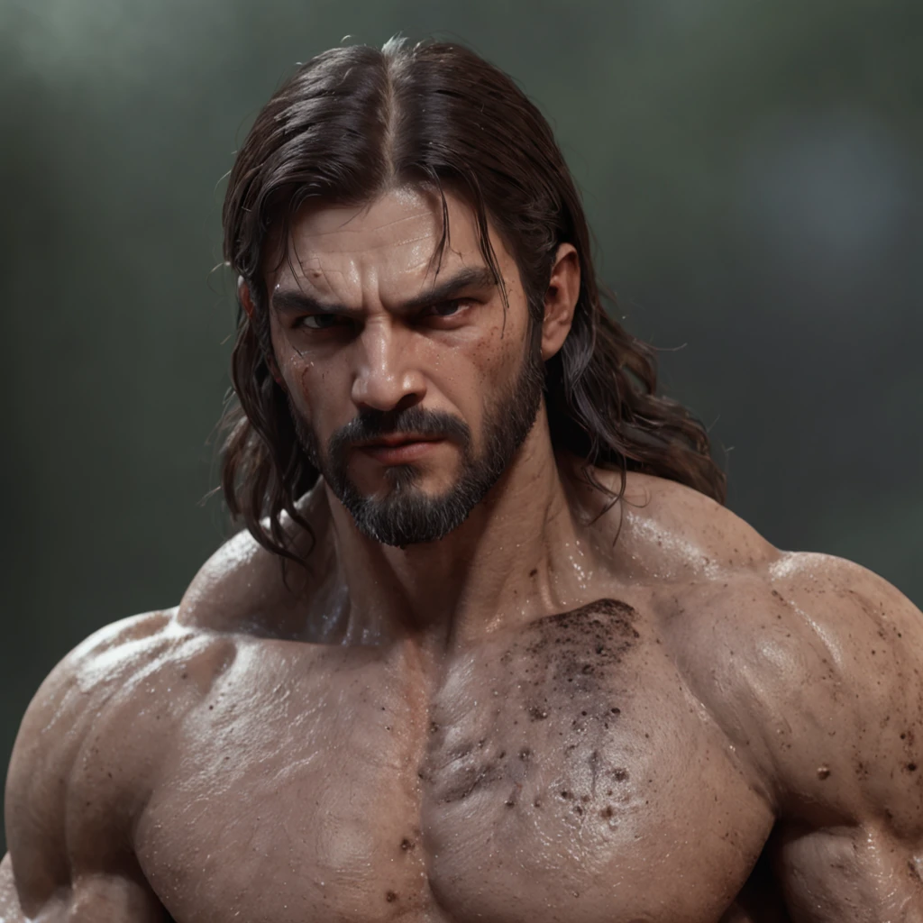 (professional 3d render:1.3) af (Realistic:1.3) most beautiful artwork photo in the world，Features soft and shiny male heroes, ((Epic hero fantasy muscle man rough wet hero angry look long hair short beard and ferocious expression in dynamic pose, Fantastic location, Majestic cluttered environment)), full body 8k unity render, action  shot, skin pore, very dark lighting, heavyshading, Detailed, Detailed face, (vibrant, photograph realistic, Realistic, Dramatic, Dark, Sharp focus, 8K), (Old leather garments damaged by weathering:1.4), ((((Wear fur)))), (Intricate:1.4), decadent, (Highly detailed:1.4), Digital painting, rendering by octane, art  stations, concept-art, smooth, Sharp focus, illustration, Art germ, (loish:0.23), wlop ilya kuvshinov, and greg rutkowski and alphonse mucha gracias, (Global illumination, Studio light, volumettic light), heavy rain, particles floating, lotr, fantasy, elf, full bodyesbian, ((Dark and ancient city background:1.3)),CGSesociety,art  stations